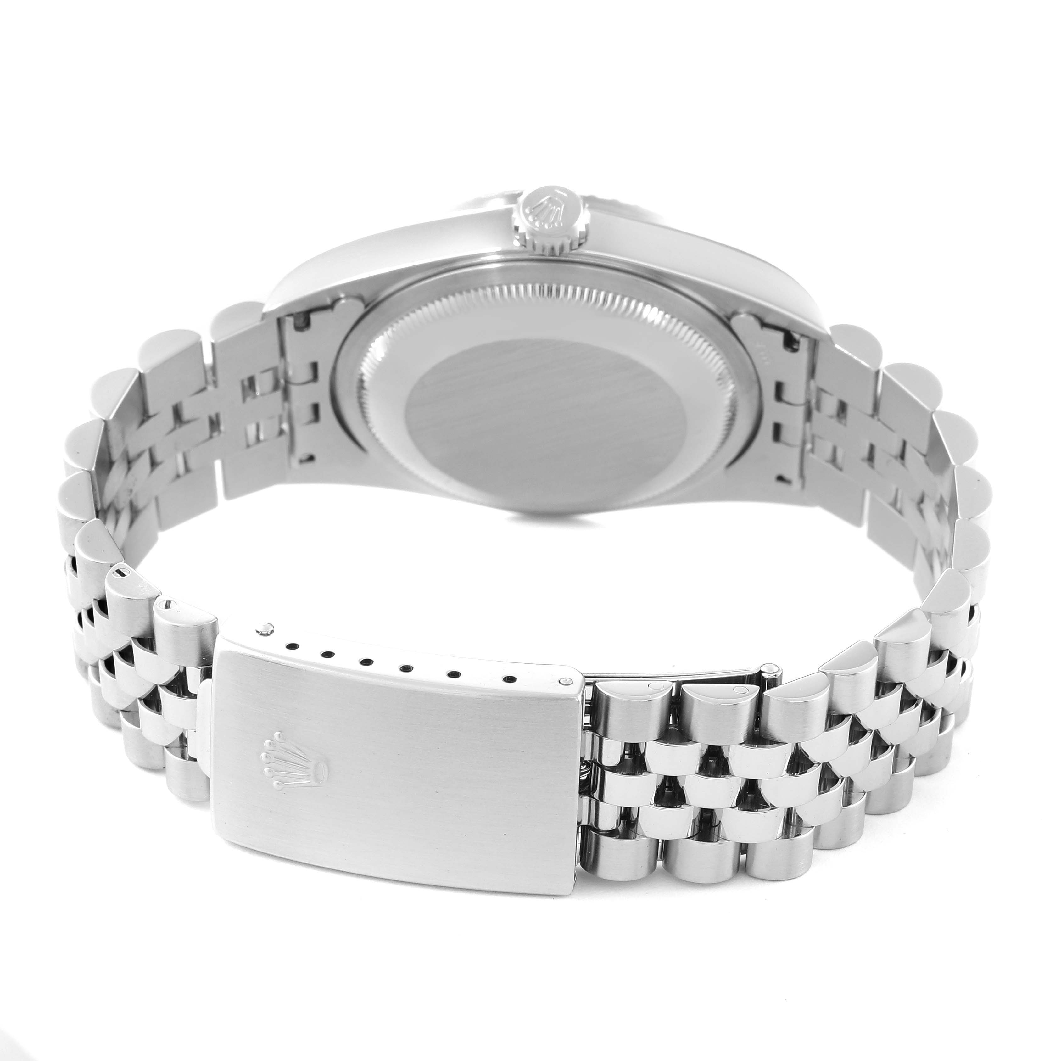 The image shows the back side of a Rolex Datejust 16220 Men's Stainless Steel White Dial 16220 Men's Stainless Steel White Dial model, including the case back, crown, and Jubilee bracelet with clasp.