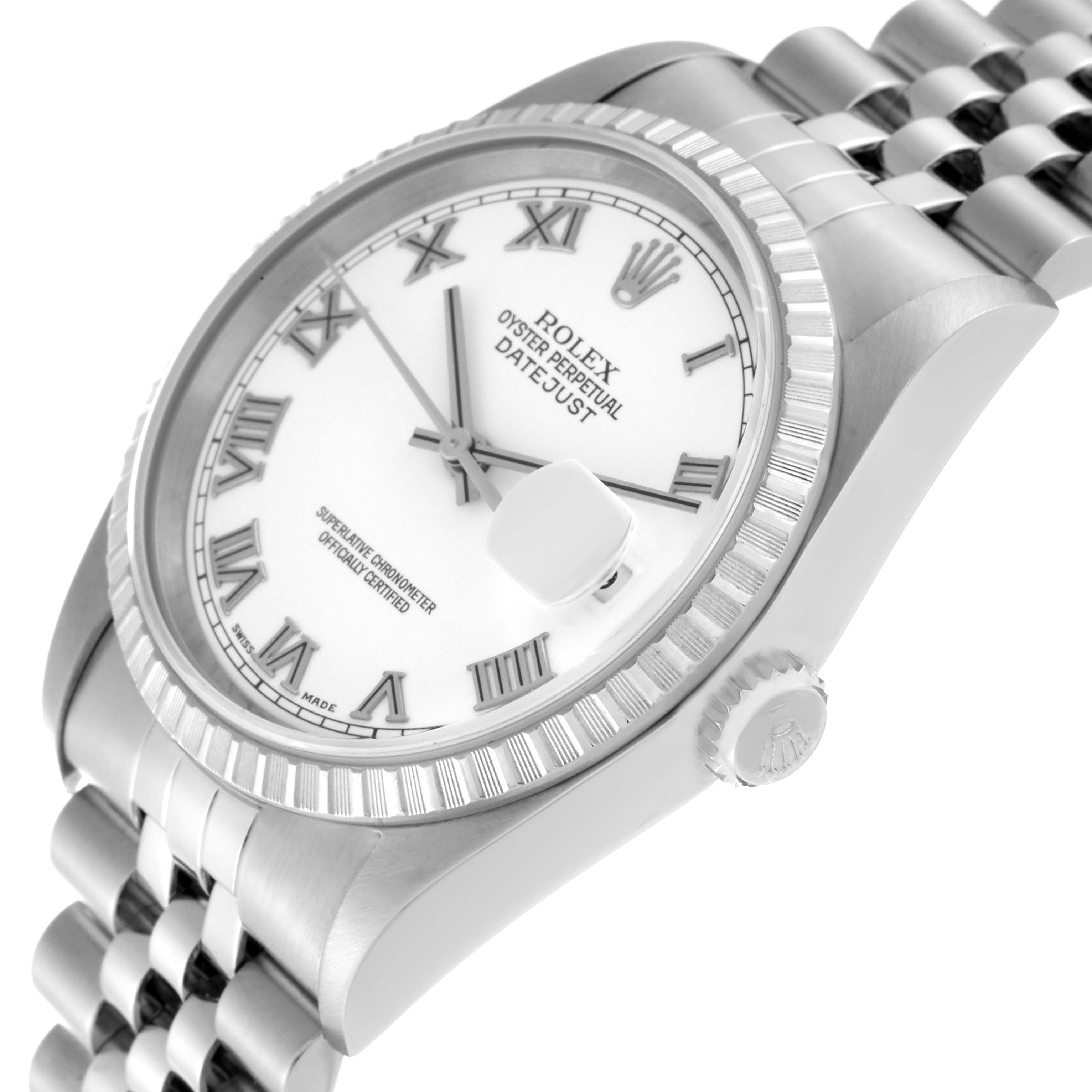 The image shows a Rolex Datejust 16220 Men's Stainless Steel White Dial 16220 Men's Stainless Steel White Dial model watch with a focus on the dial, bezel, and part of the bracelet at an angled view.