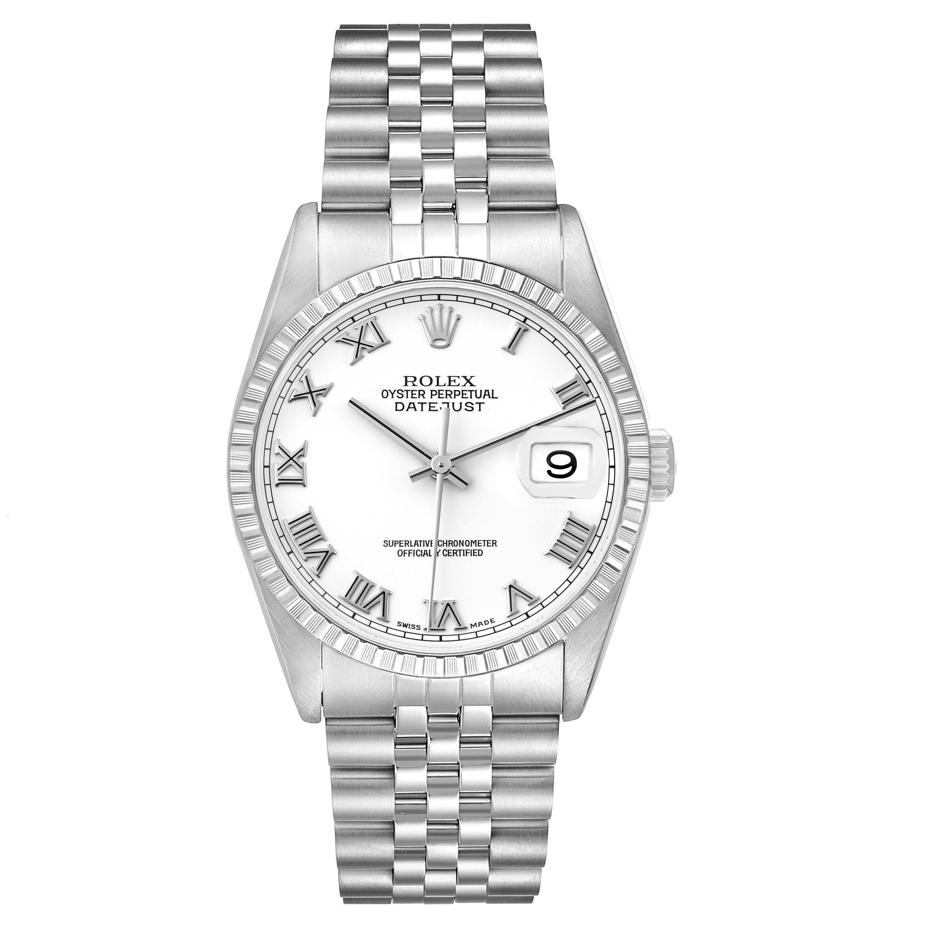 The Rolex Datejust 16220 Men's Stainless Steel White Dial 16220 Men's Stainless Steel White Dial watch is shown from a top-down angle, displaying its face, bracelet, and bezel clearly.