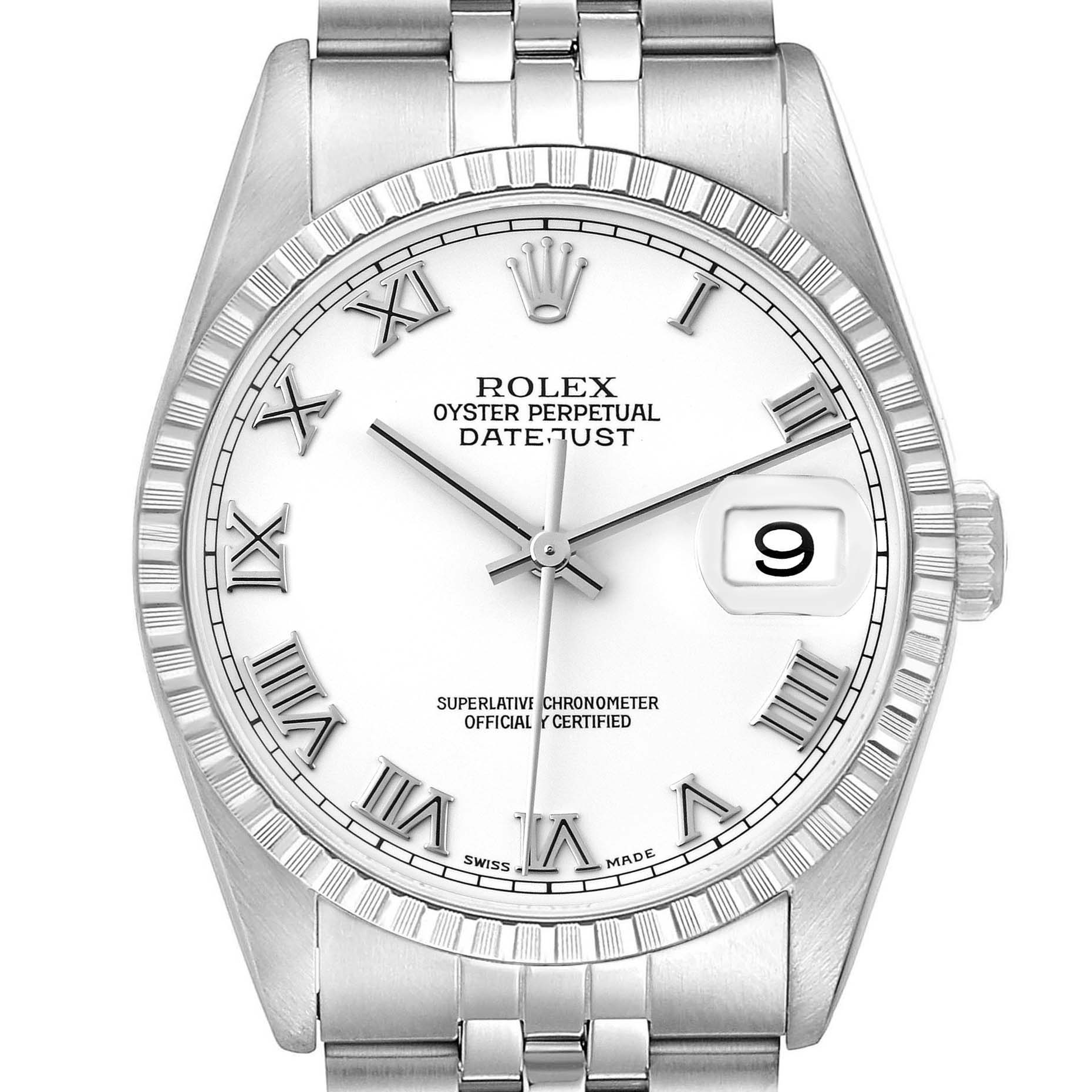 The image shows a front view of a Rolex Datejust 16220 Men's Stainless Steel White Dial 16220 Men's Stainless Steel White Dial watch, highlighting the face, bezel, and part of the bracelet.