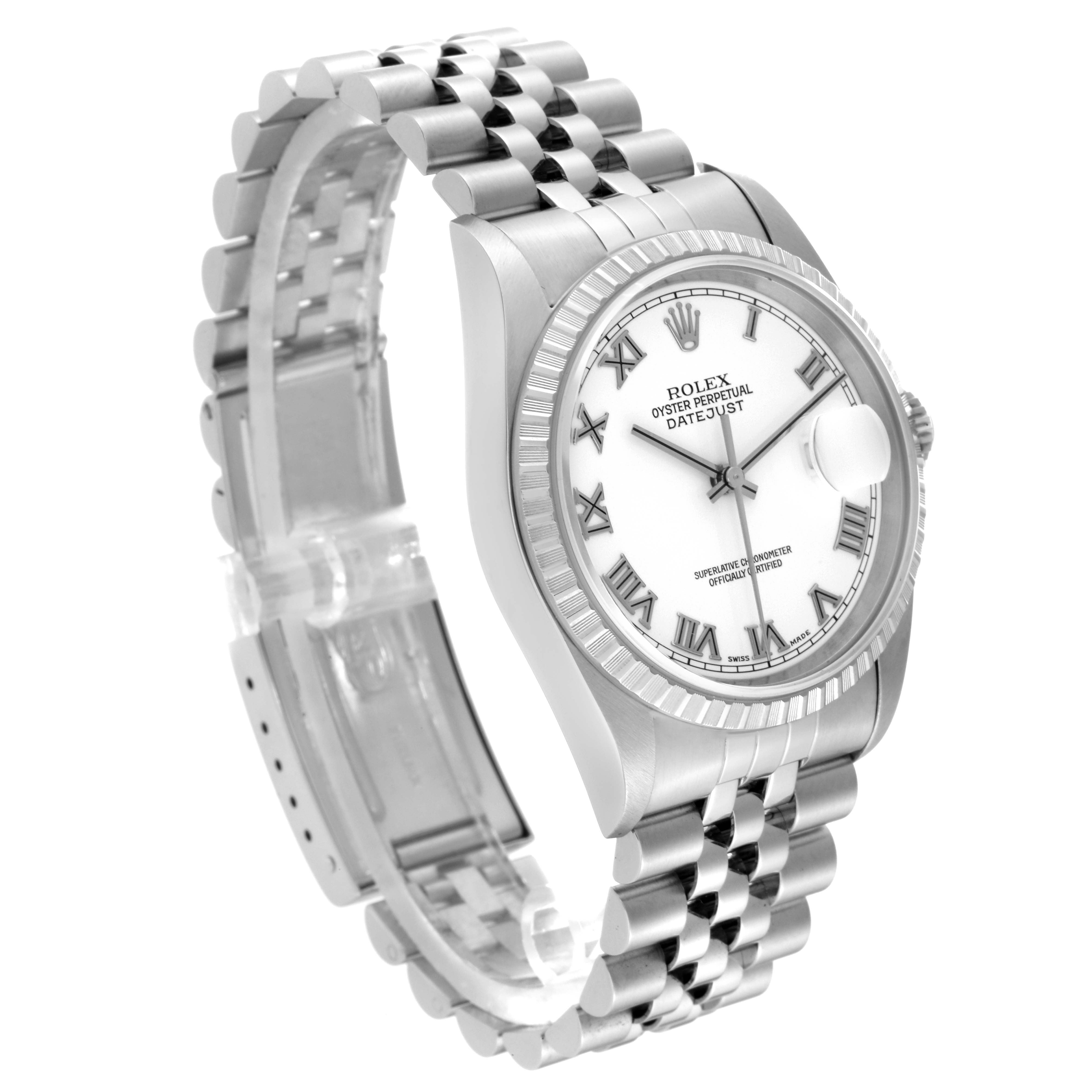 The image shows a Rolex Datejust 16220 Men's Stainless Steel White Dial 16220 Men's Stainless Steel White Dial model watch at a three-quarter angle displaying its face, bezel, and bracelet.