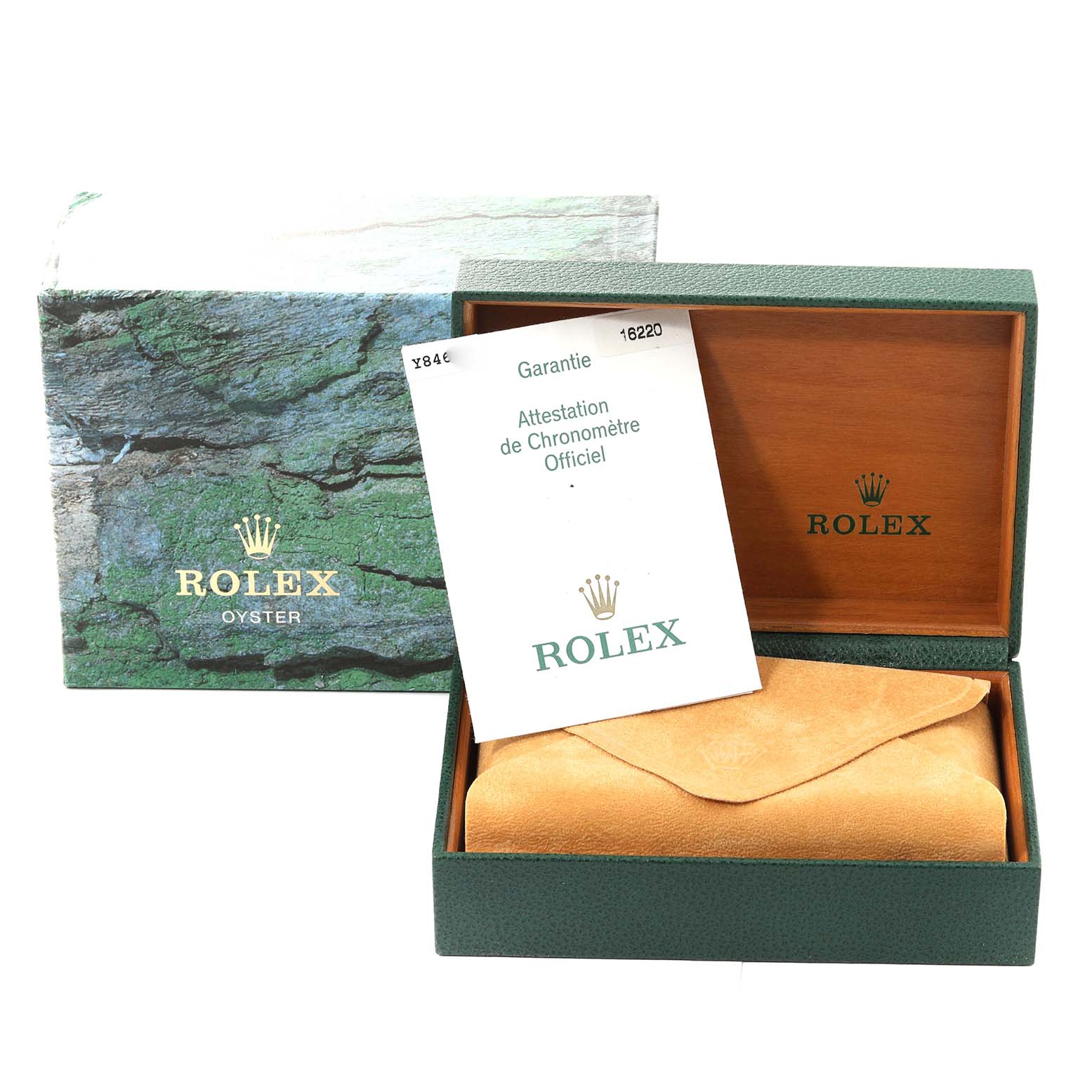 The image shows the packaging, warranty card, and a leather pouch for a Rolex Datejust 16220 Men's Stainless Steel White Dial 16220 Men's Stainless Steel White Dial watch.