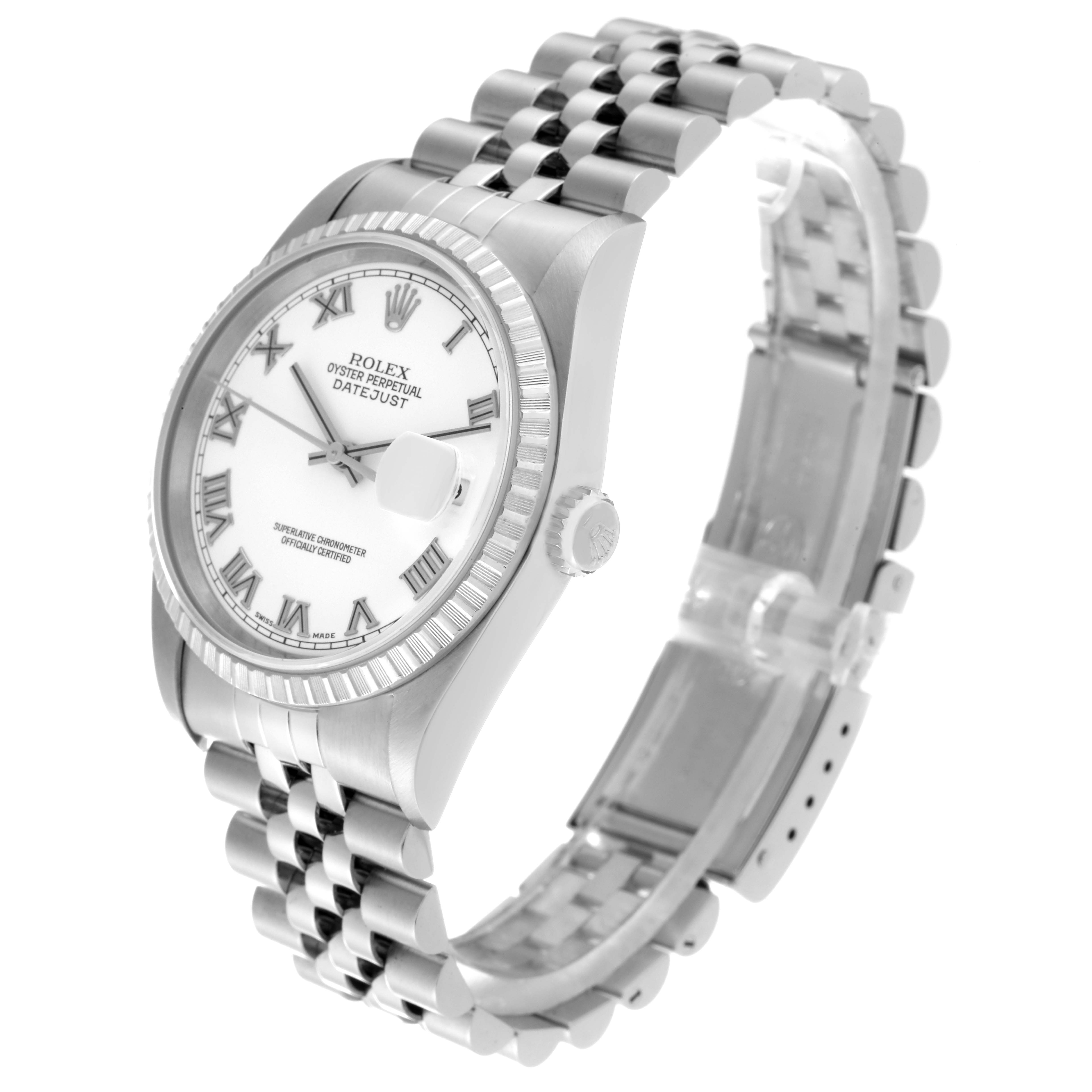 The Rolex Datejust 16220 Men's Stainless Steel White Dial 16220 Men's Stainless Steel White Dial watch is shown at a three-quarter angle, highlighting its face, bezel, crown, and bracelet.