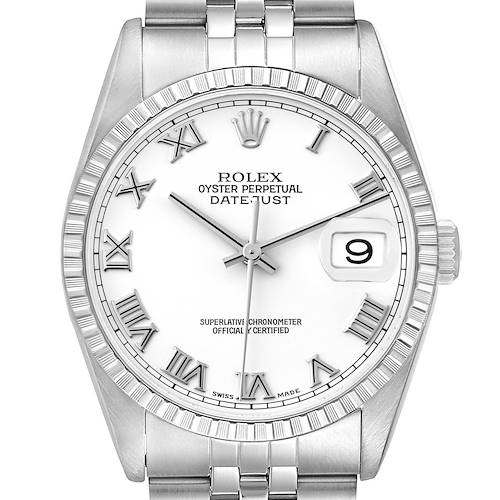 The image shows a front view of the Rolex Datejust watch, highlighting its dial, bezel, and part of the bracelet.