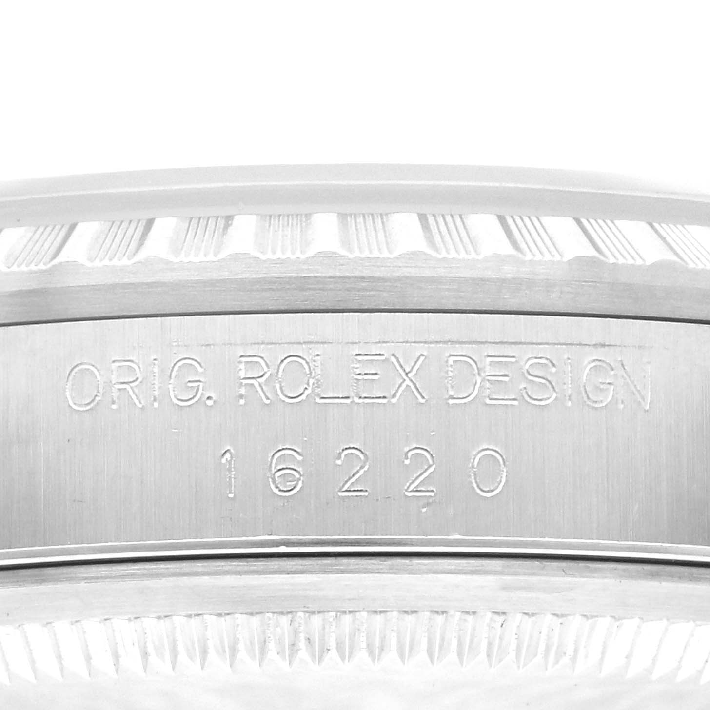 The image shows a close-up of the side of the bezel and case, displaying the model number "16220" of the Rolex Datejust 16220 Men's Stainless Steel White Dial 16220 Men's Stainless Steel White Dial.
