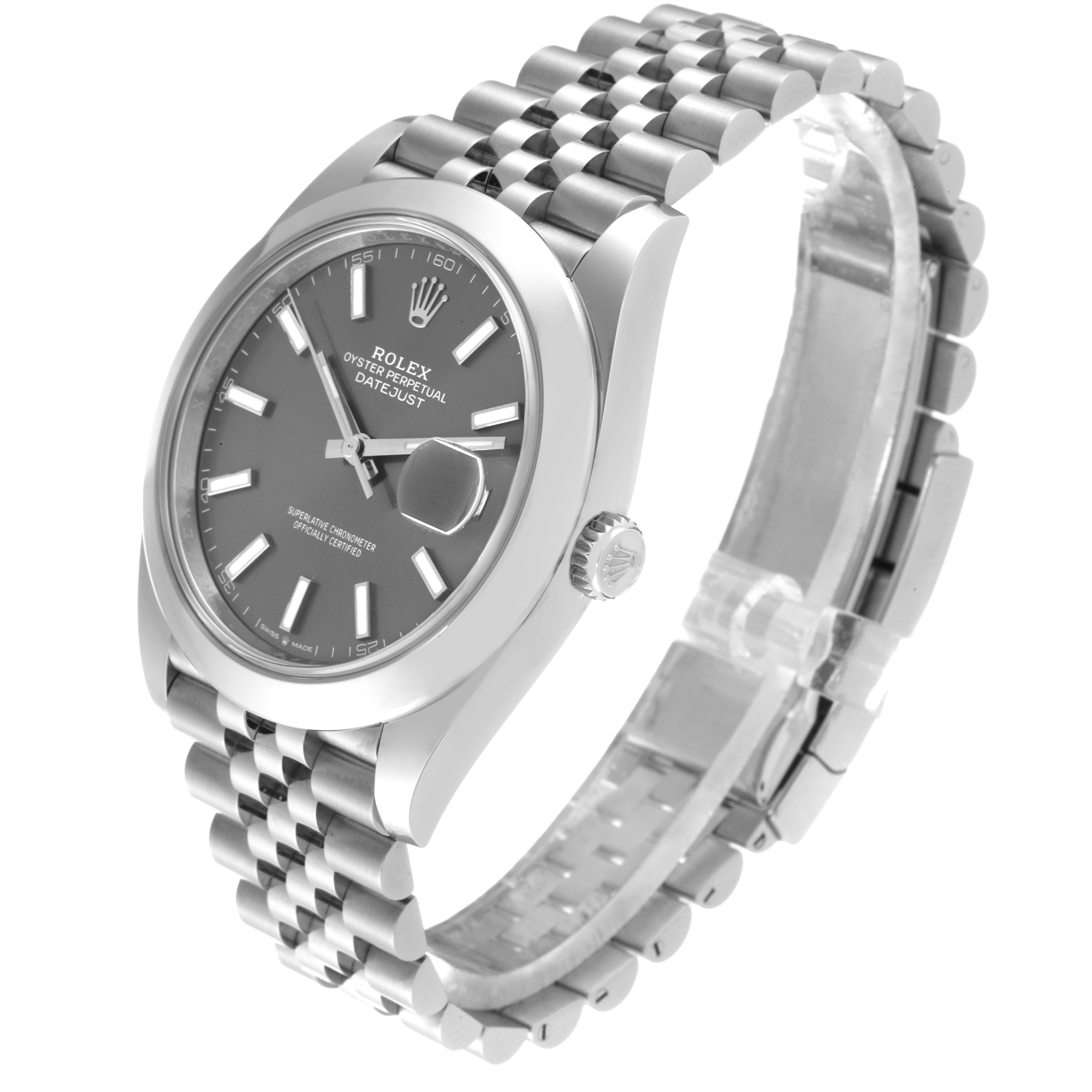 The Rolex Datejust 41 126300 Men
s Stainless Steel Grey Dial 126300 Men
s Stainless Steel Grey Dial watch is shown at a three-quarter angle, featuring its gray dial, fluted bezel, and Jubilee bracelet.