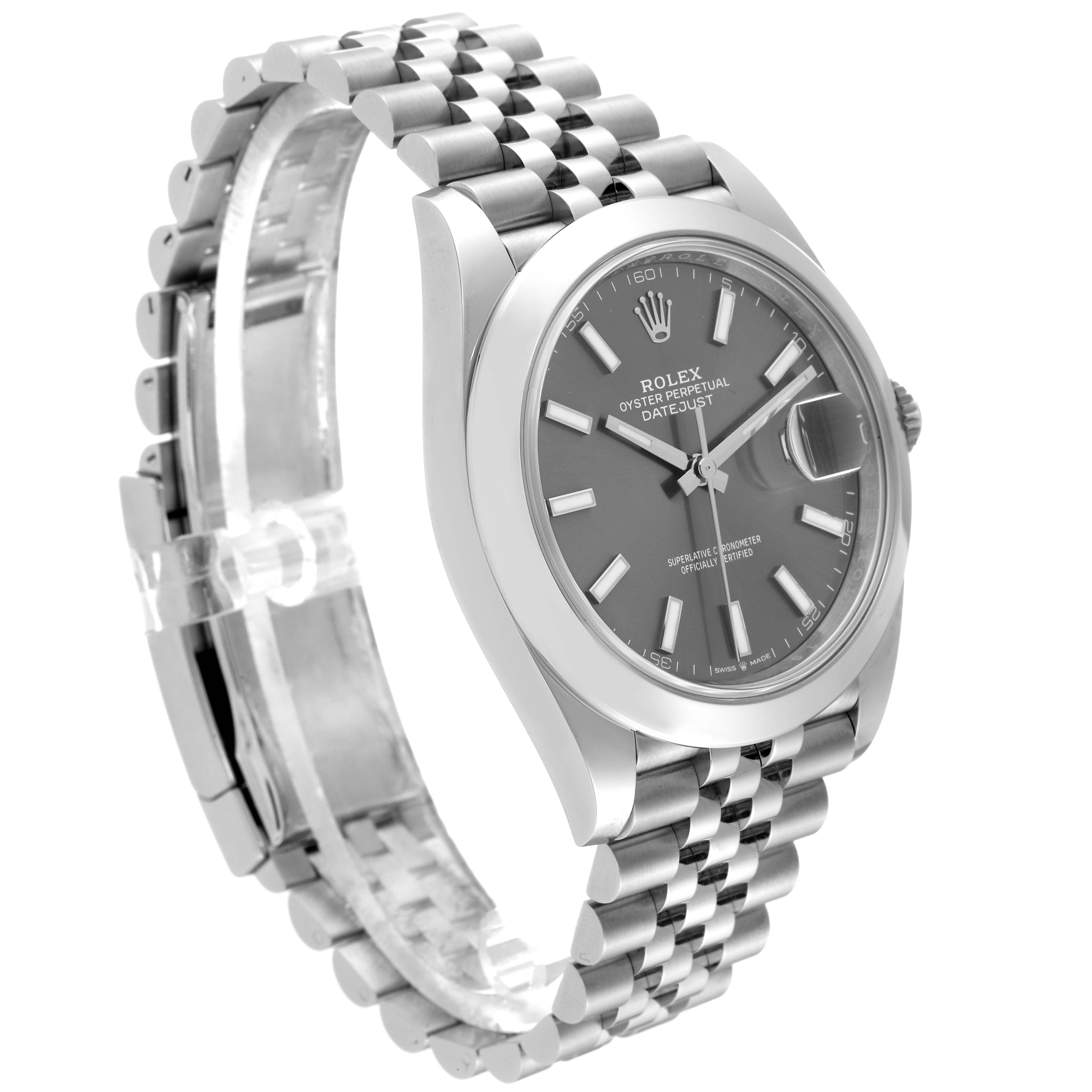 The Rolex Datejust 41 126300 Men
s Stainless Steel Grey Dial 126300 Men
s Stainless Steel Grey Dial watch is shown at a 45-degree angle, highlighting the dial, bezel, and Jubilee bracelet.