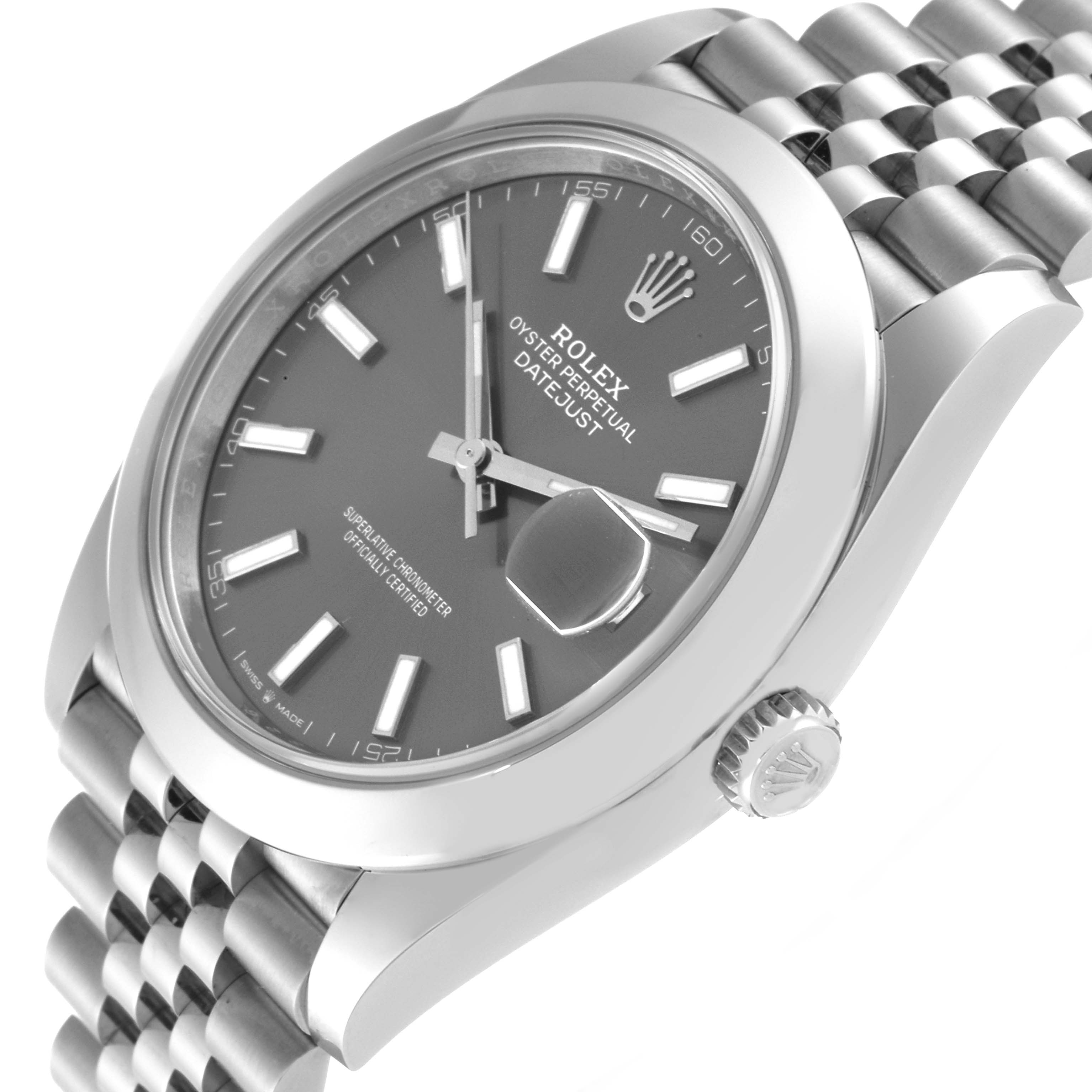 The Rolex Datejust 41 126300 Men
s Stainless Steel Grey Dial 126300 Men
s Stainless Steel Grey Dial watch is shown from a slightly angled top-down view, displaying the dial, crown, bezel, and part of the bracelet.