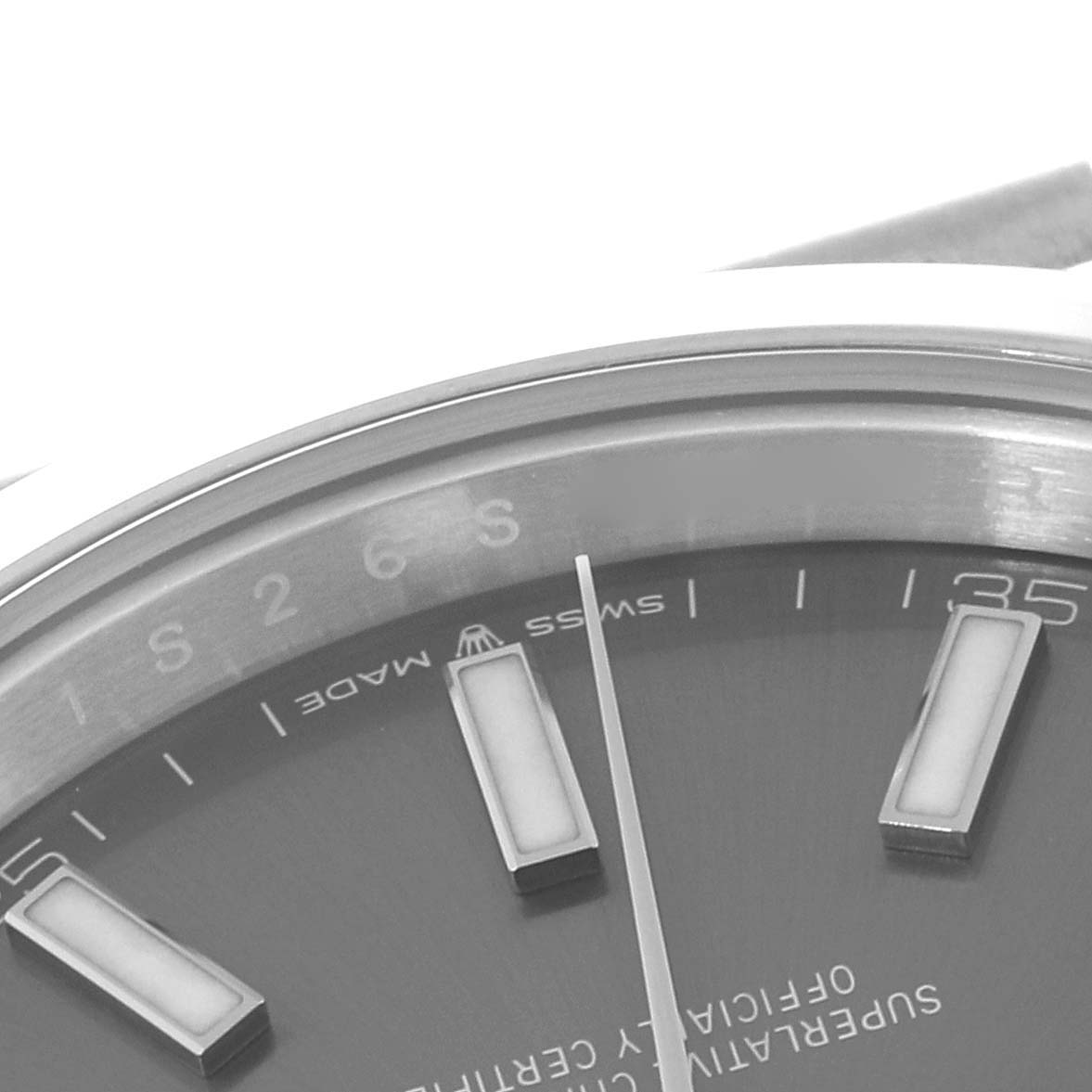 The image shows a close-up angle of the dial and markers of a Rolex Datejust 41 126300 Men
s Stainless Steel Grey Dial 126300 Men
s Stainless Steel Grey Dial watch.