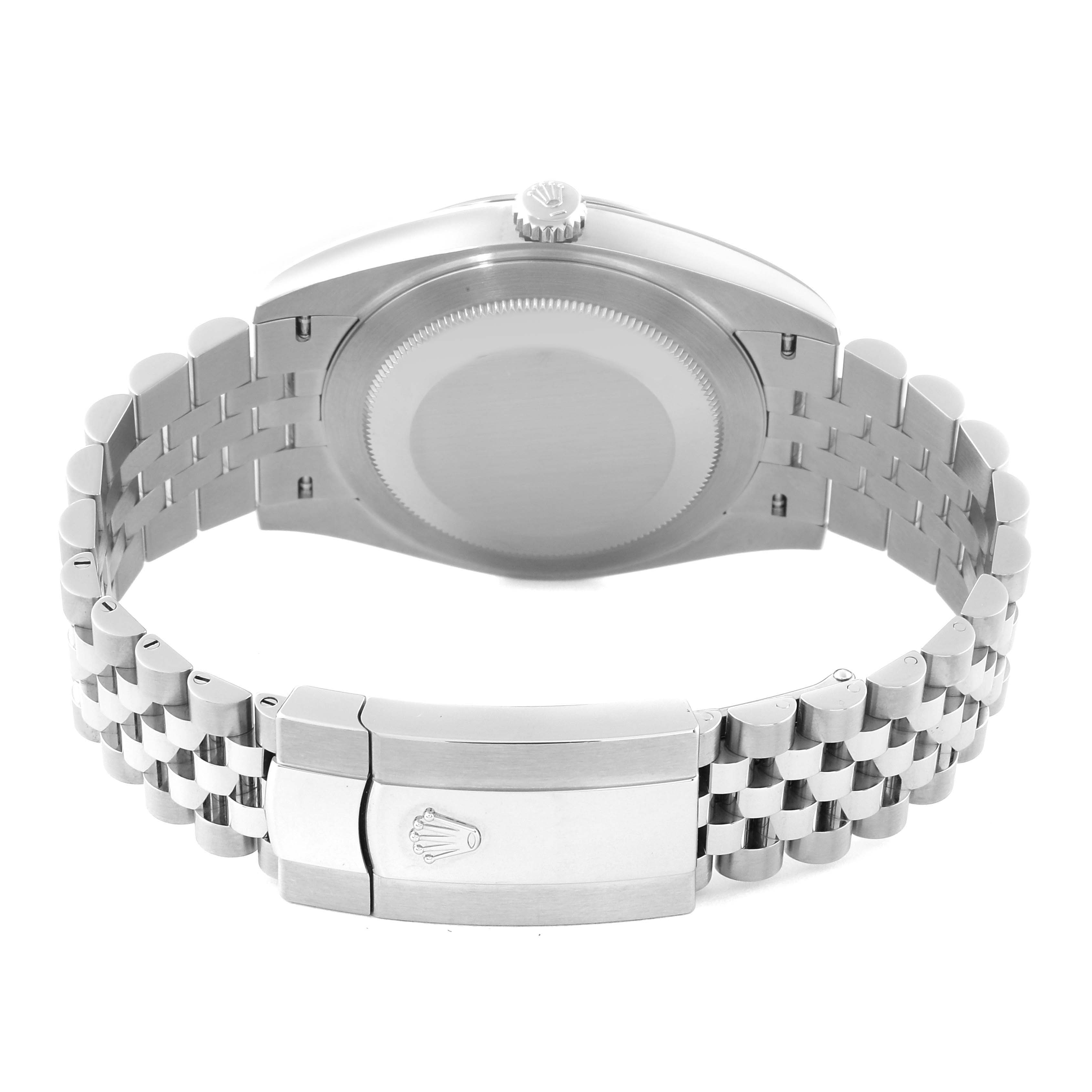 This image shows the back and clasp of the Rolex Datejust 41 126300 Men
s Stainless Steel Grey Dial 126300 Men
s Stainless Steel Grey Dial model, showcasing its bracelet and case back.