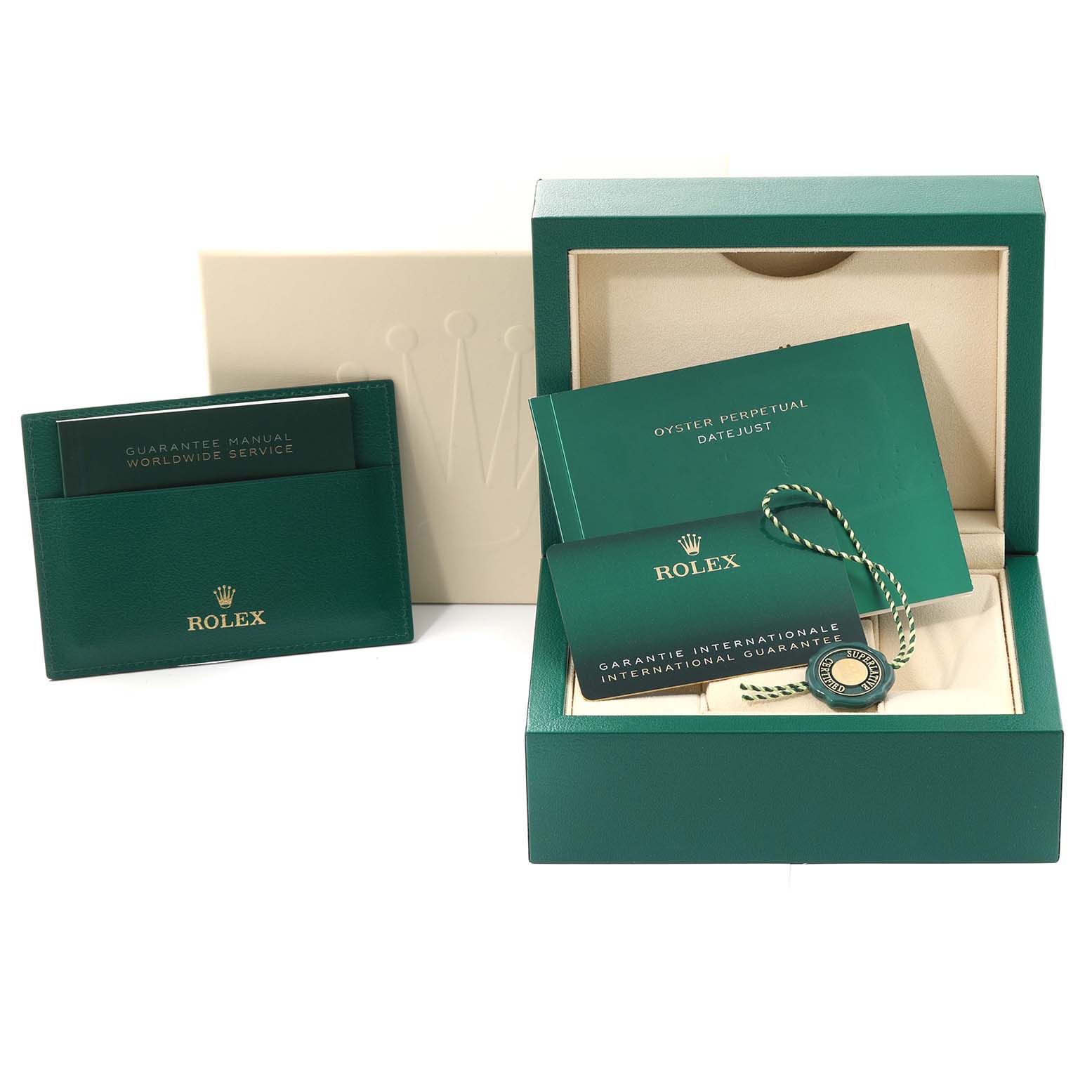 The image shows the packaging and accessories for a Rolex Datejust 41 126300 Men
s Stainless Steel Grey Dial 126300 Men
s Stainless Steel Grey Dial, including the box, manuals, and warranty card.