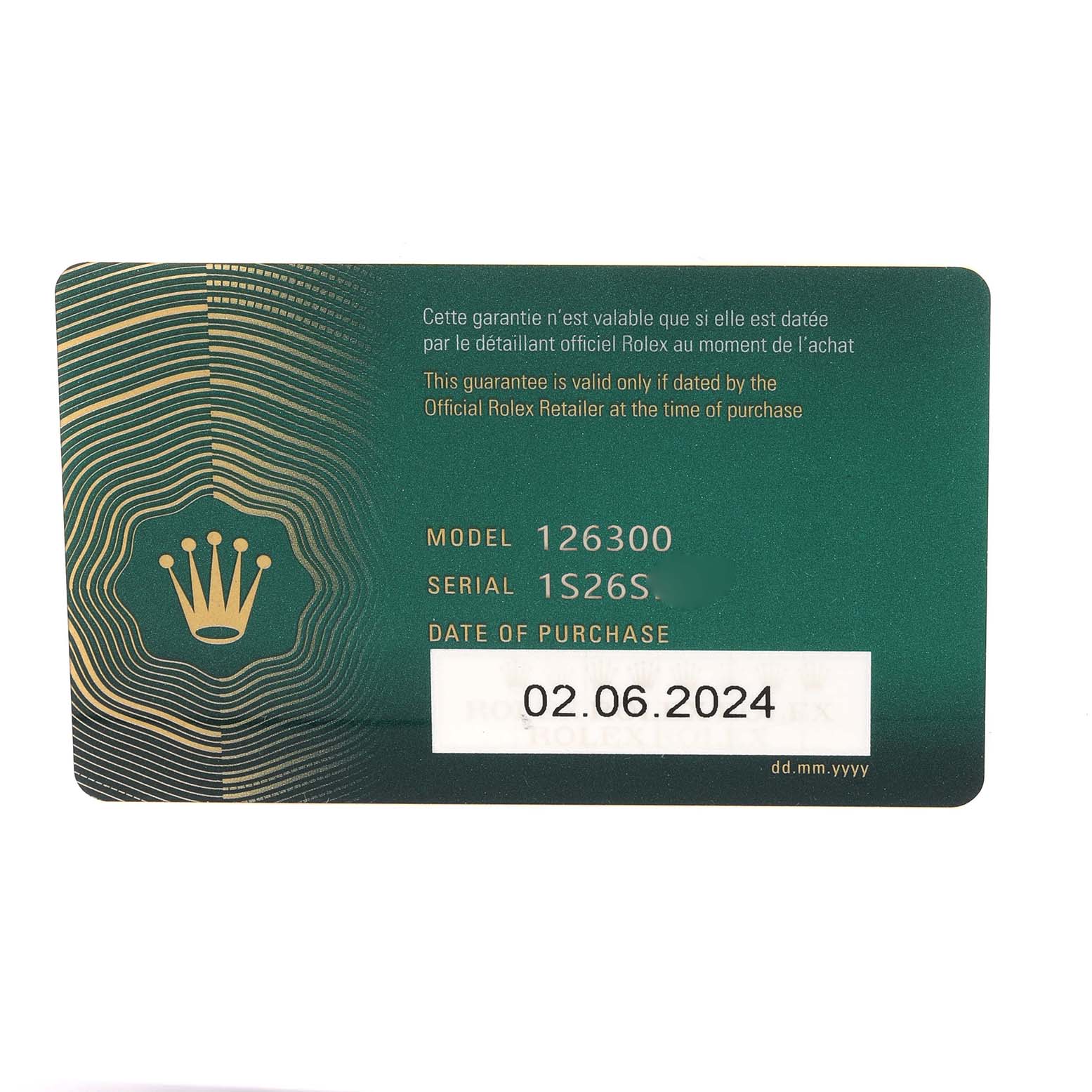 The image shows a Rolex warranty card for a Datejust 41 model, displaying model number, serial number, and date of purchase.