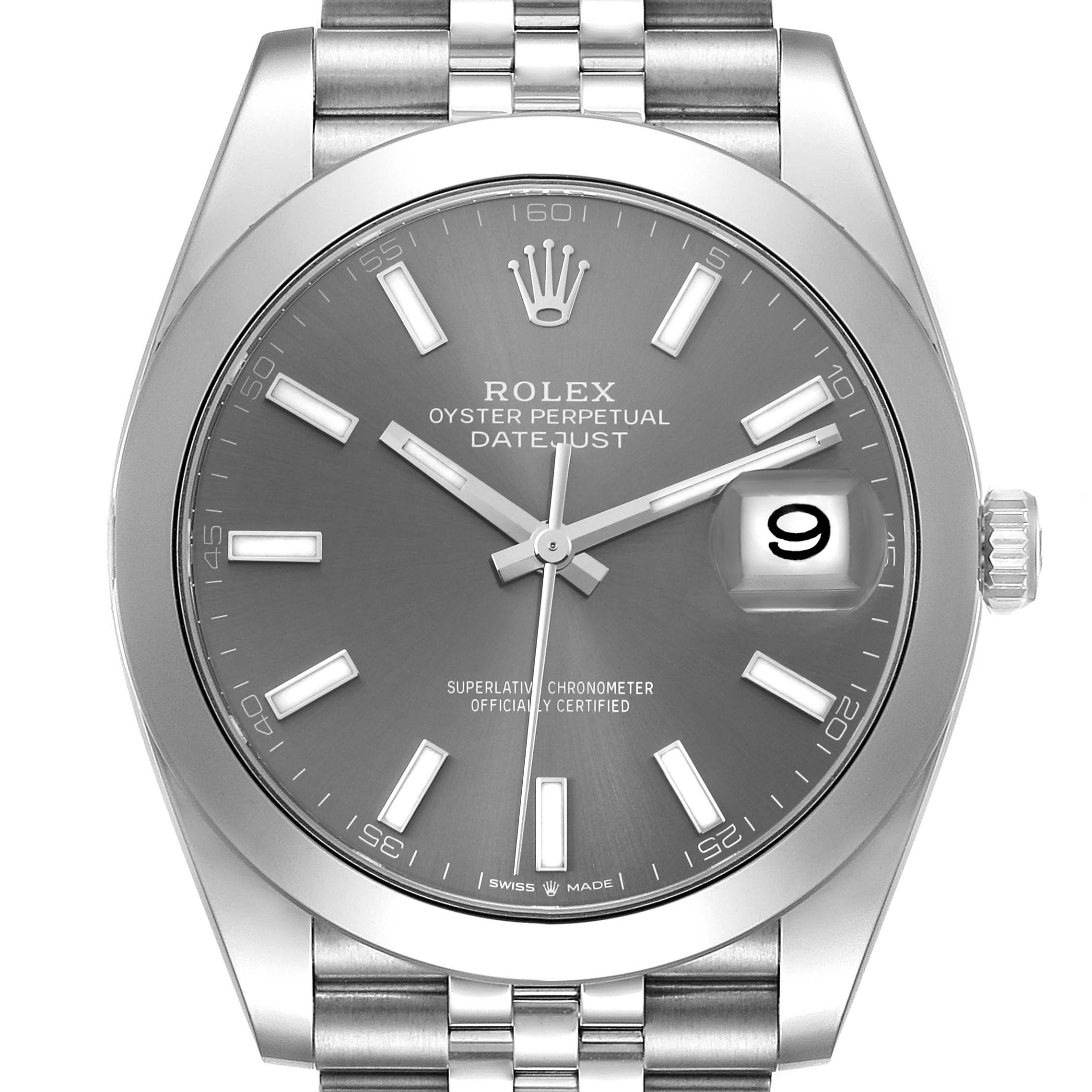 The image shows a front view of the Rolex Datejust 41 126300 Men
s Stainless Steel Grey Dial 126300 Men
s Stainless Steel Grey Dial watch, focusing on the dial, bezel, and part of the bracelet.