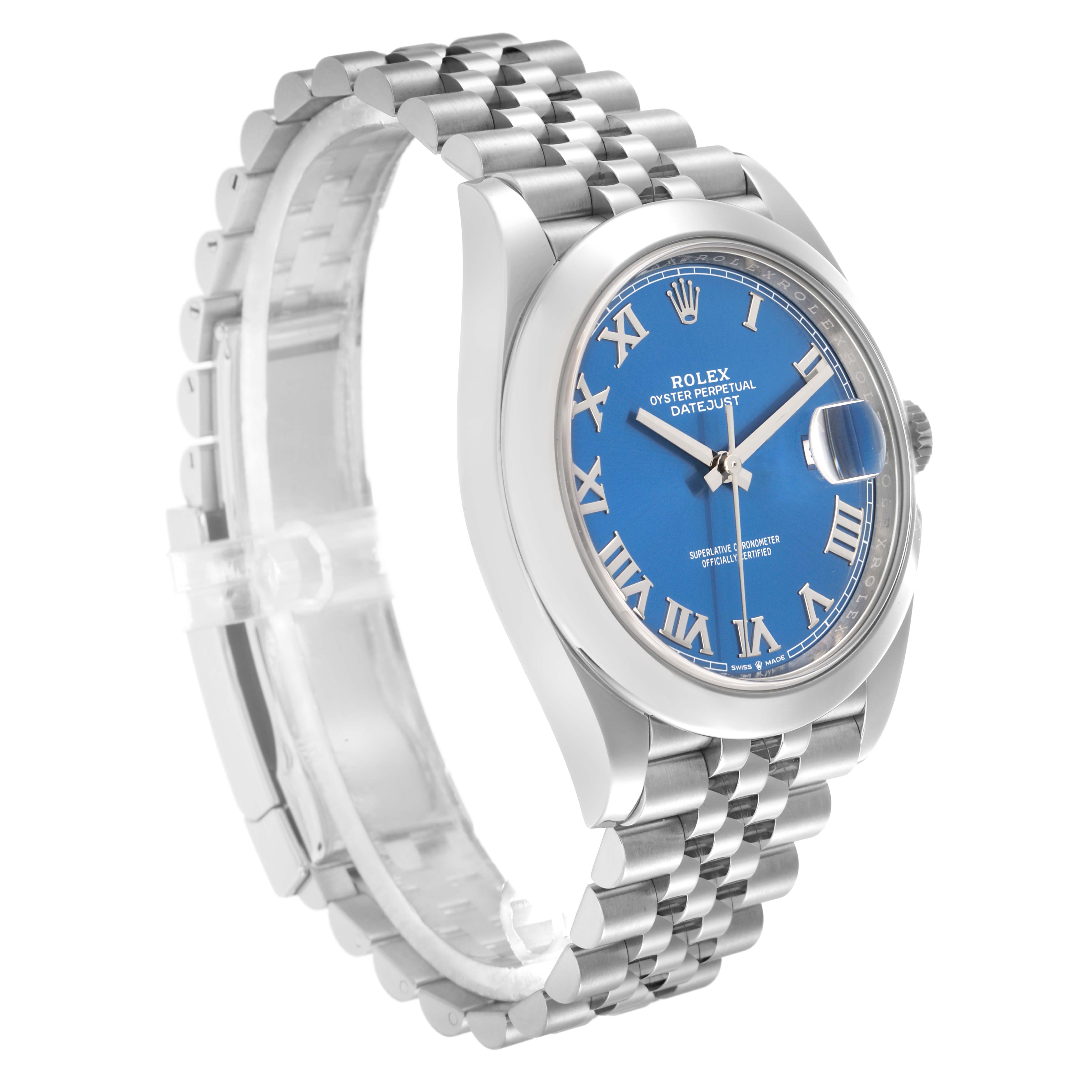 The Rolex Datejust 41 126300 Men
s Stainless Steel Blue Dial is shown from a front-angle, displaying its blue dial, Roman numerals, fluted bezel, and Jubilee bracelet.