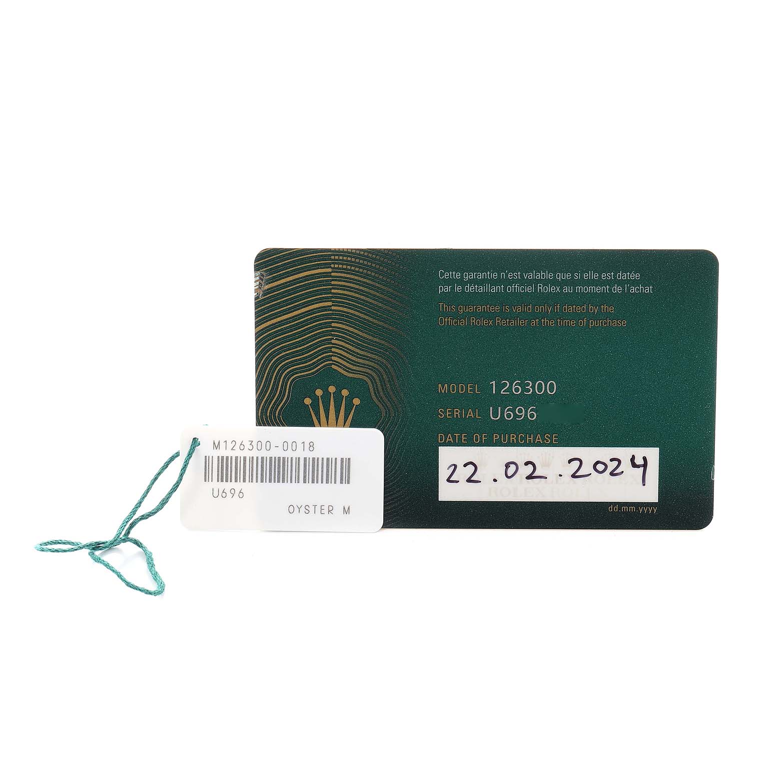 The image shows the warranty card and tag for a Rolex Datejust 41 126300 Men
s Stainless Steel Blue Dial model, with model and serial numbers visible.