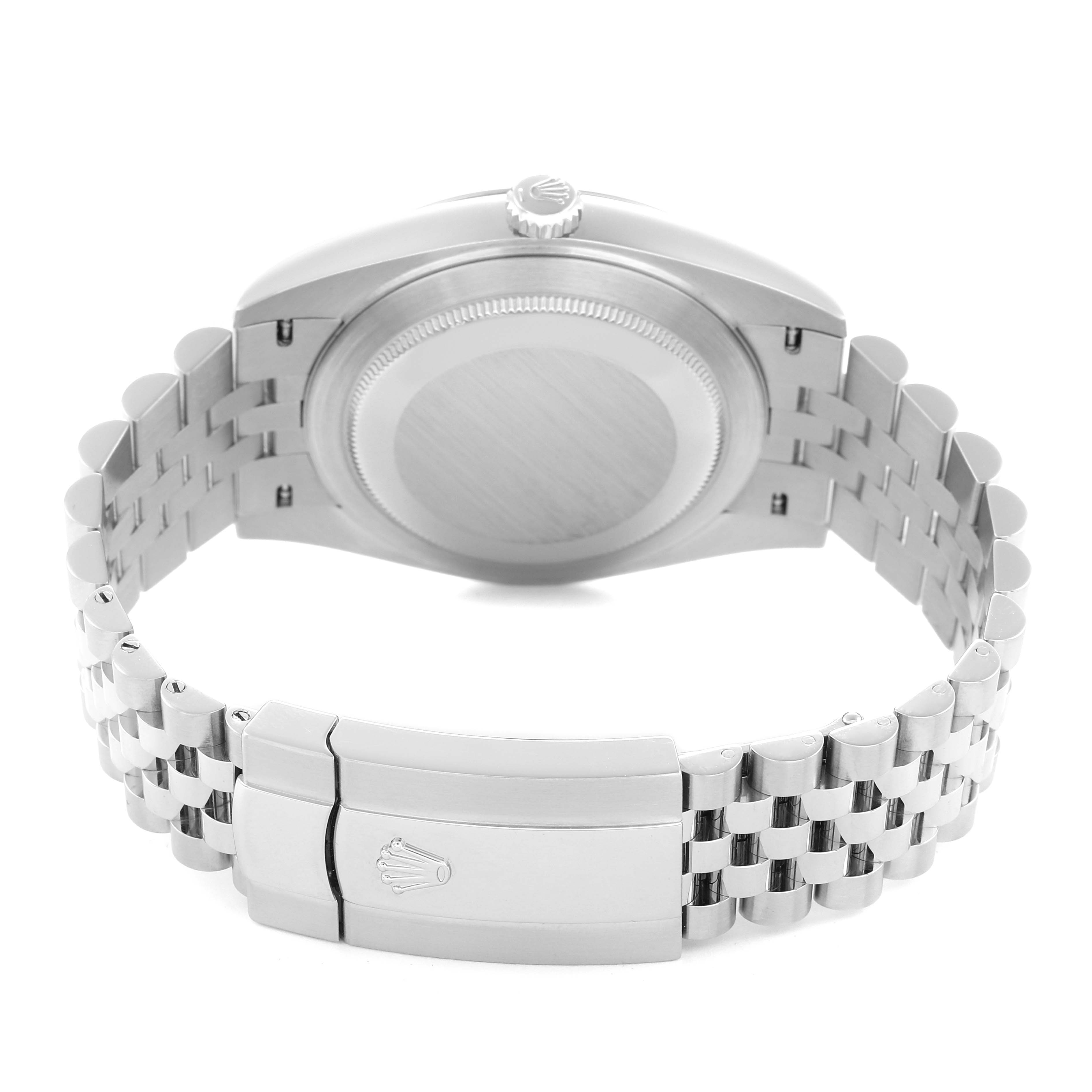 The image shows the back of the Rolex Datejust 41 126300 Men
s Stainless Steel Blue Dial, featuring the case back and Jubilee bracelet clasp.