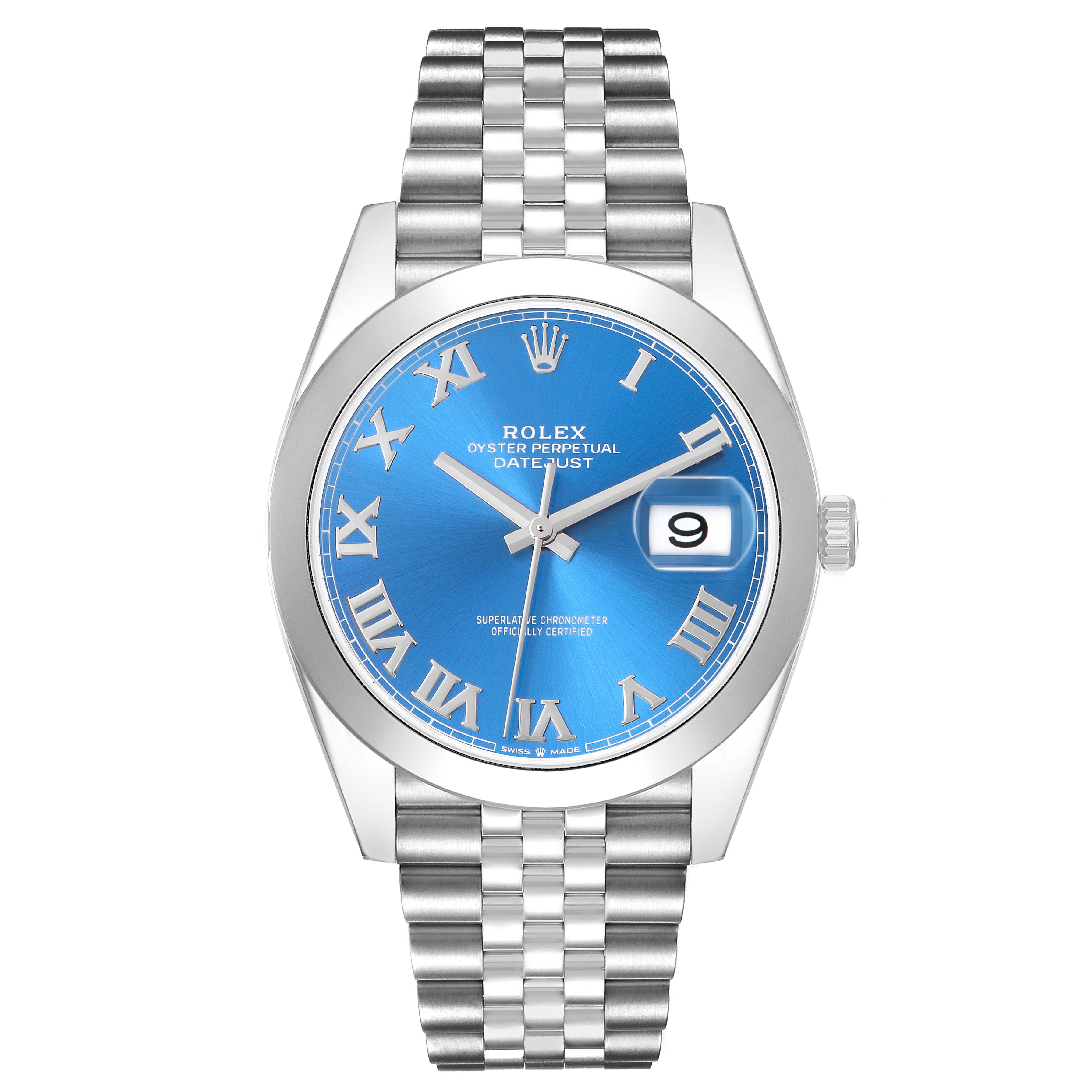 The Rolex Datejust 41 126300 Men
s Stainless Steel Blue Dial is shown from the front, highlighting its blue dial, Roman numerals, date window, and Jubilee bracelet.