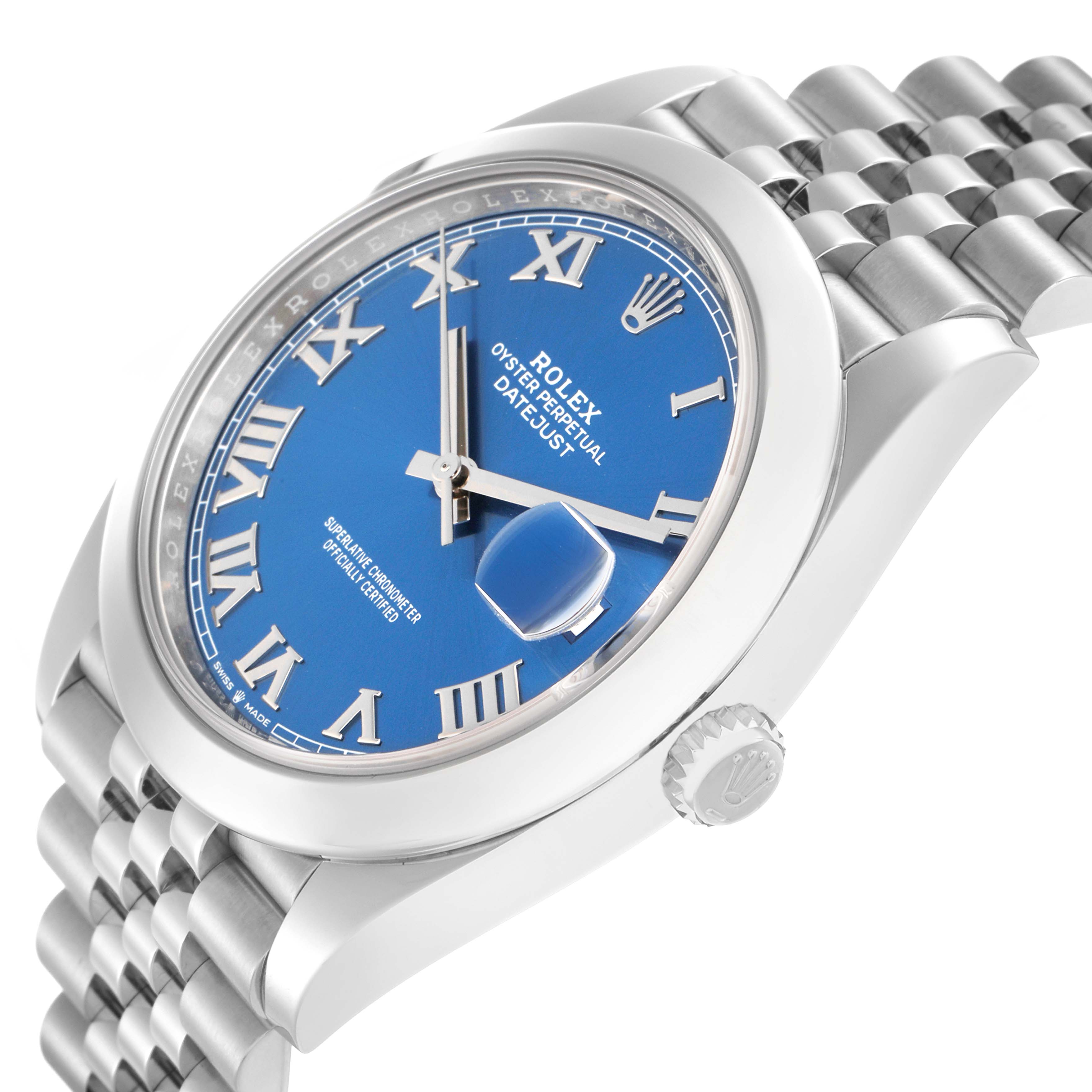 The Rolex Datejust 41 126300 Men
s Stainless Steel Blue Dial watch is shown at a slightly angled side view, highlighting the blue dial, Roman numerals, case, crown, and bracelet.