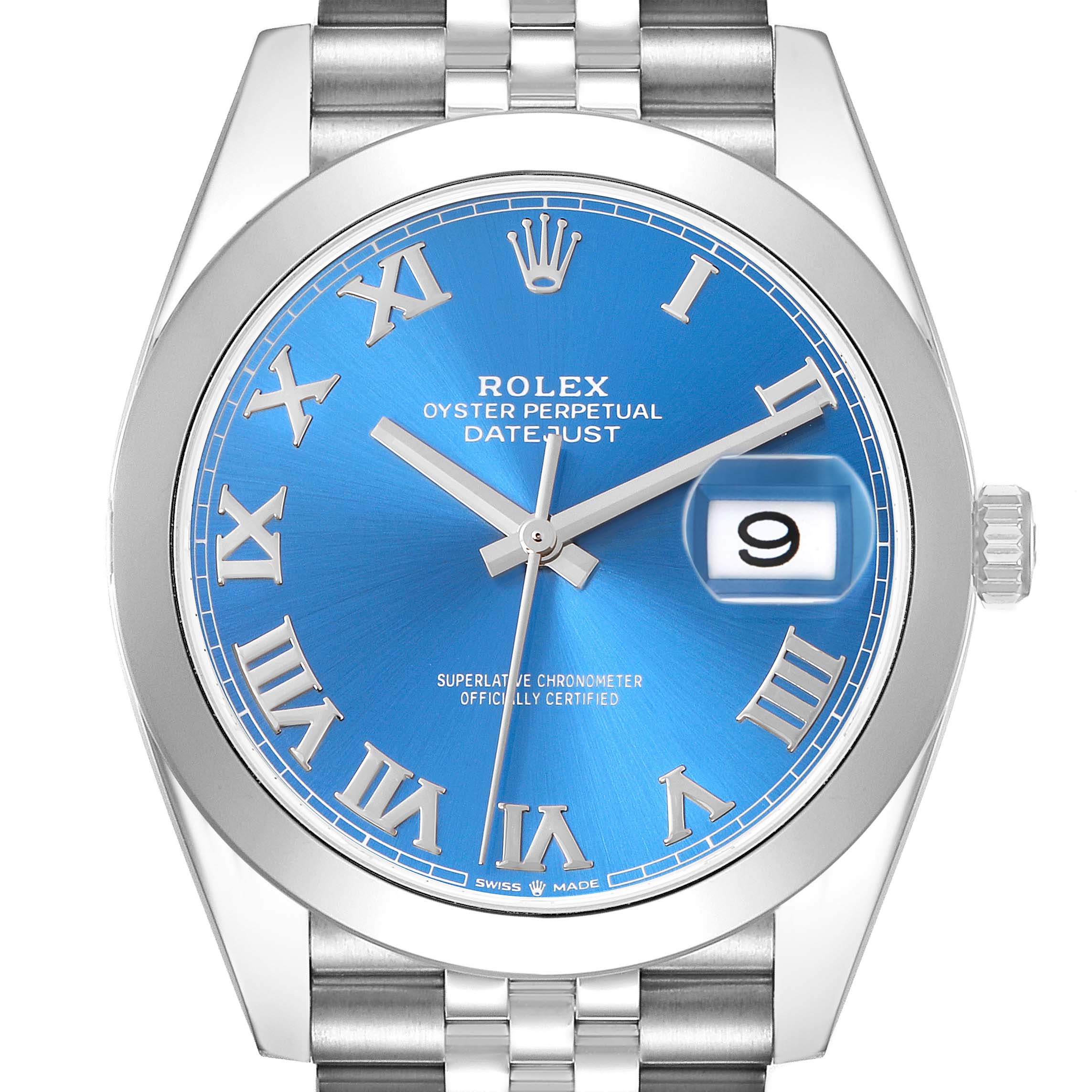 The Rolex Datejust 41 126300 Men
s Stainless Steel Blue Dial watch is shown from the front, highlighting its blue dial, Roman numerals, and date feature.