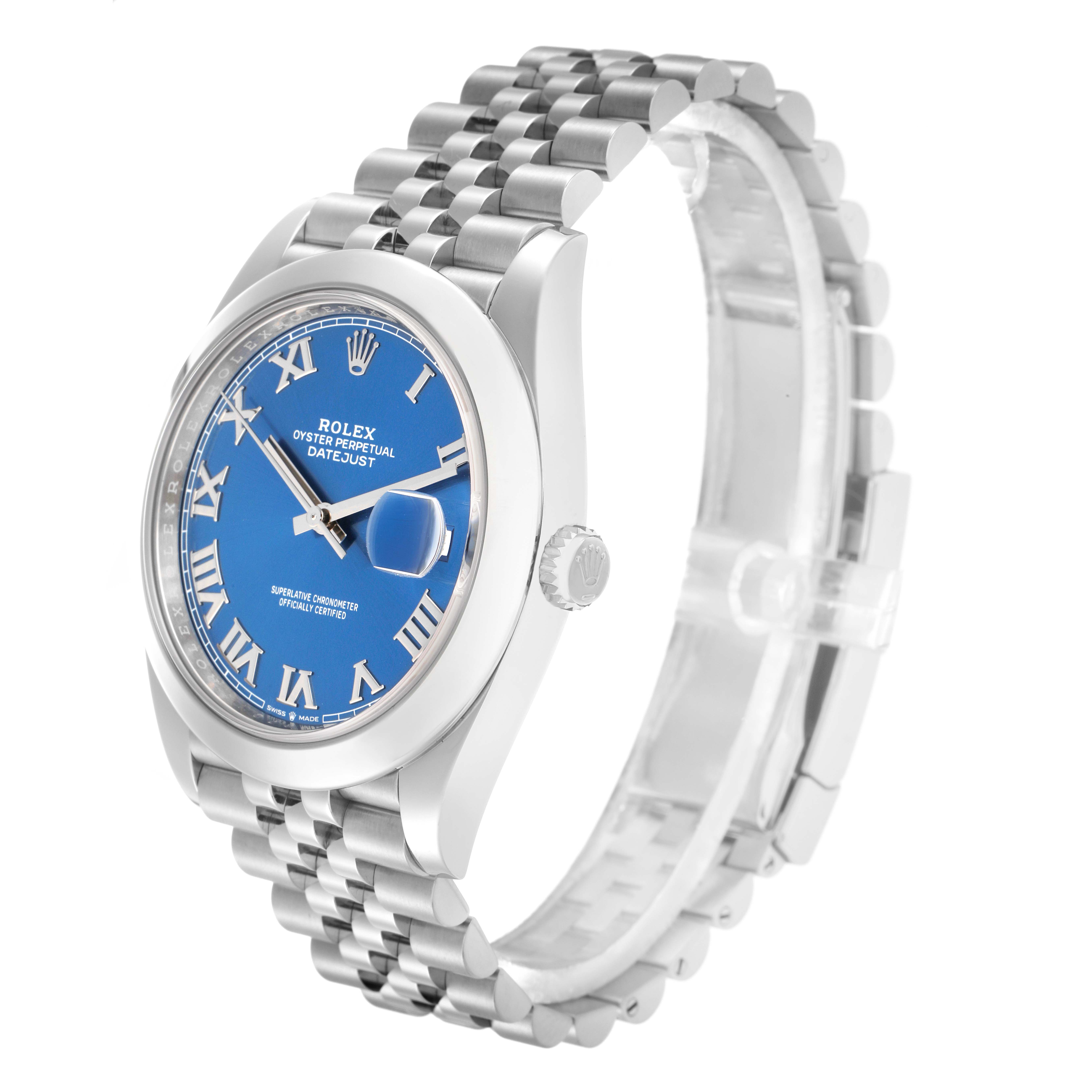 The Rolex Datejust 41 126300 Men
s Stainless Steel Blue Dial is shown at a slight angle, highlighting the blue dial, Roman numerals, bezel, crown, and jubilee bracelet.