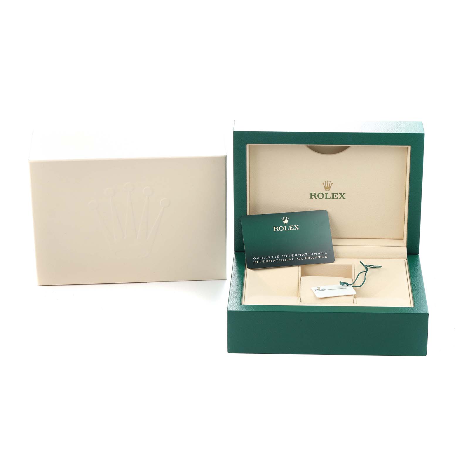 The image shows the open packaging and guarantee card for a Rolex Datejust 41 126300 Men
s Stainless Steel Blue Dial.