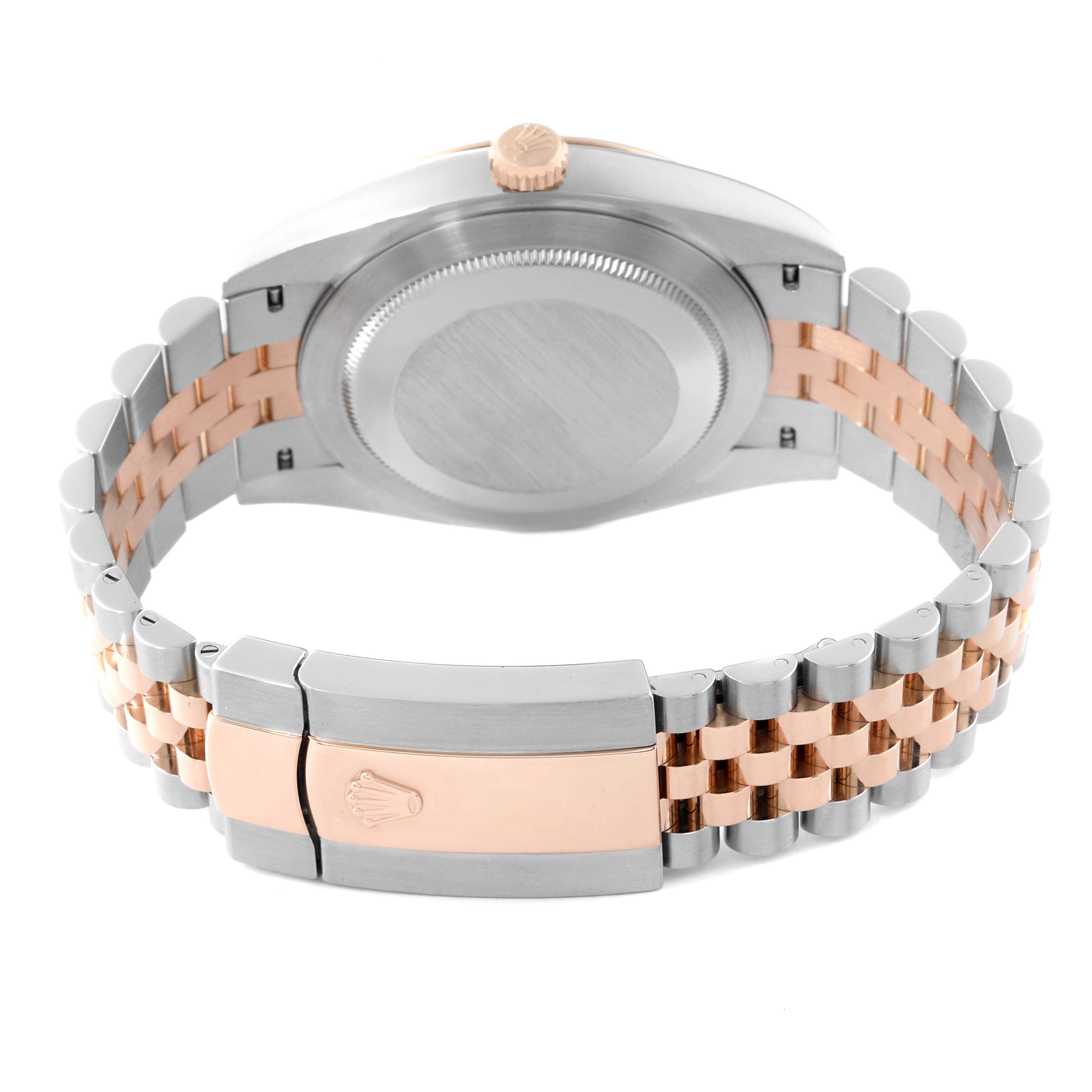 This view shows the back and clasp of the Rolex Datejust 41 126331 Men's Steel and Gold (two tone) Brown Dial 126331 Men's Steel and Gold (two tone) Brown Dial, highlighting the two-tone bracelet and crown logo.