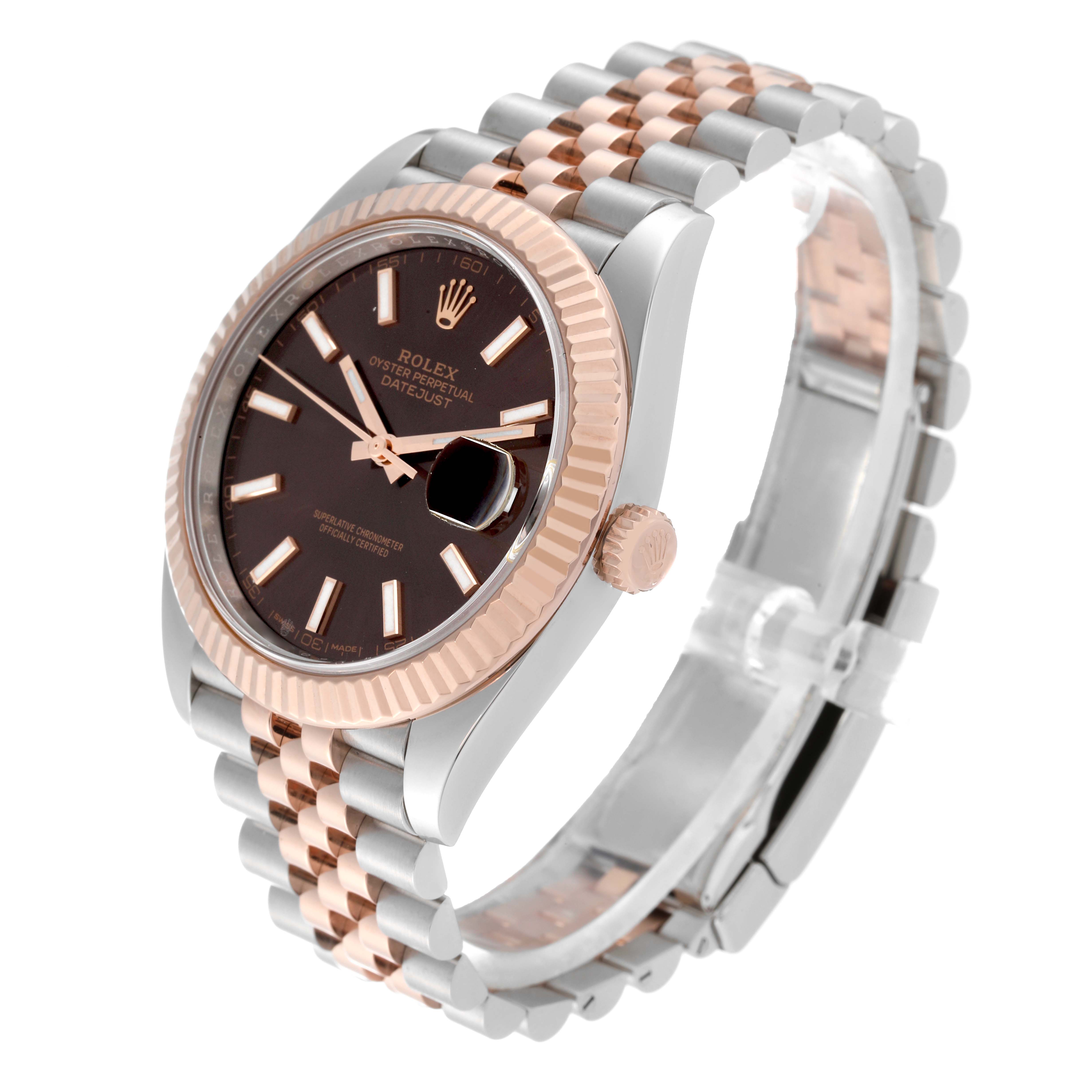 The Rolex Datejust 41 126331 Men's Steel and Gold (two tone) Brown Dial 126331 Men's Steel and Gold (two tone) Brown Dial watch is shown at an angle highlighting the face, bezel, crown, and jubilee bracelet.