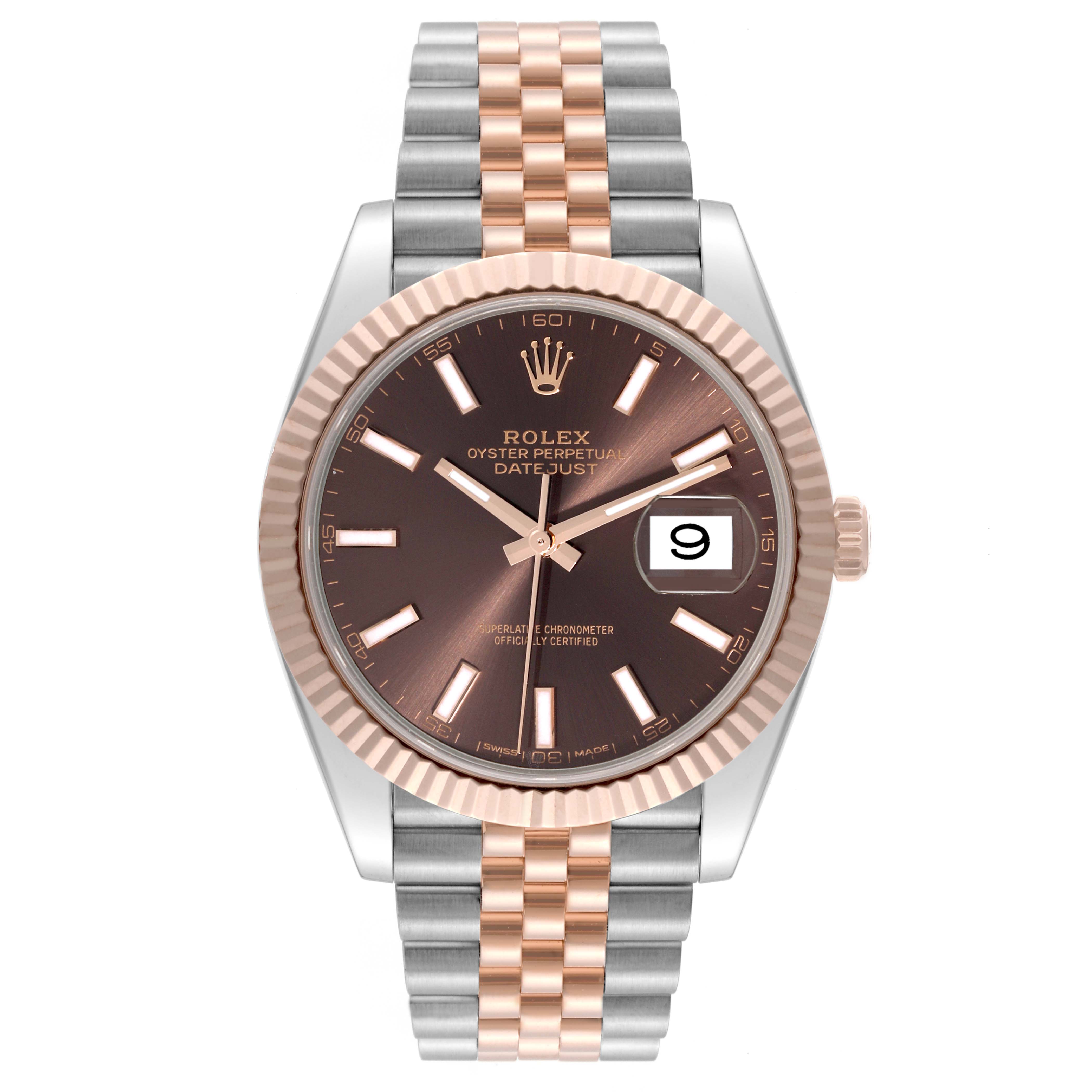 This image shows a front view of a Rolex Datejust 41 126331 Men's Steel and Gold (two tone) Brown Dial 126331 Men's Steel and Gold (two tone) Brown Dial watch, displaying its face, bezel, and two-tone bracelet.