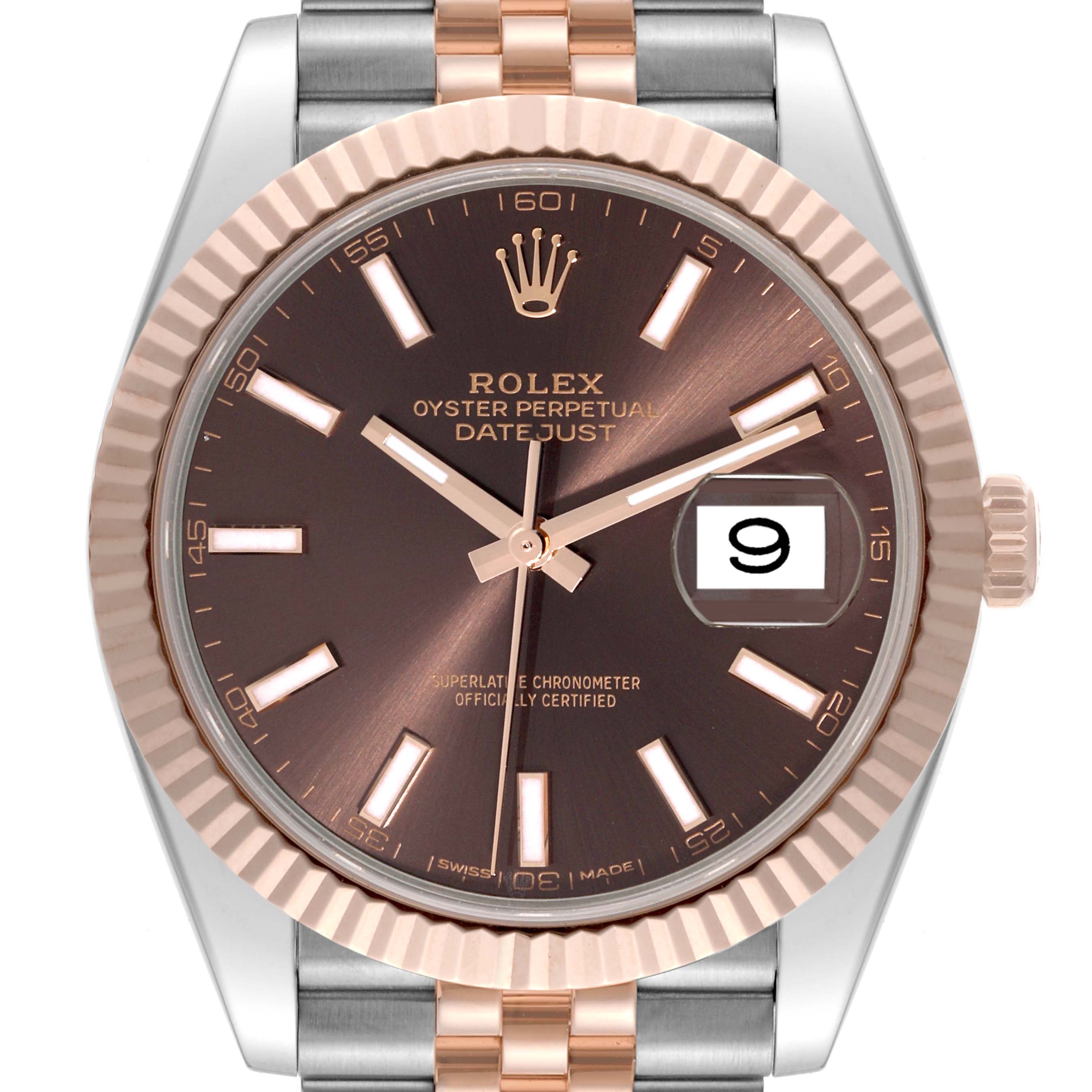 The image shows a front view of the Rolex Datejust 41 126331 Men's Steel and Gold (two tone) Brown Dial 126331 Men's Steel and Gold (two tone) Brown Dial watch featuring its face, bezel, and part of the two-tone bracelet.