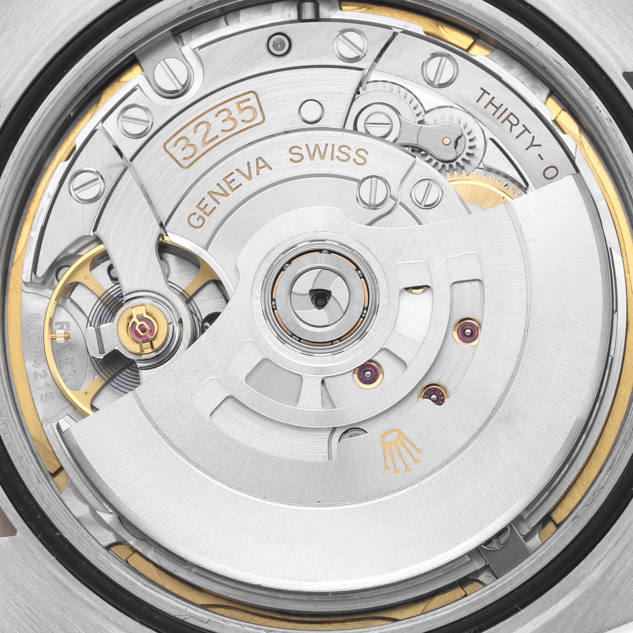 This image shows the intricate movement mechanism of the Rolex Datejust 41 126331 Men's Steel and Gold (two tone) Brown Dial 126331 Men's Steel and Gold (two tone) Brown Dial, focusing on the Caliber 3235 components.
