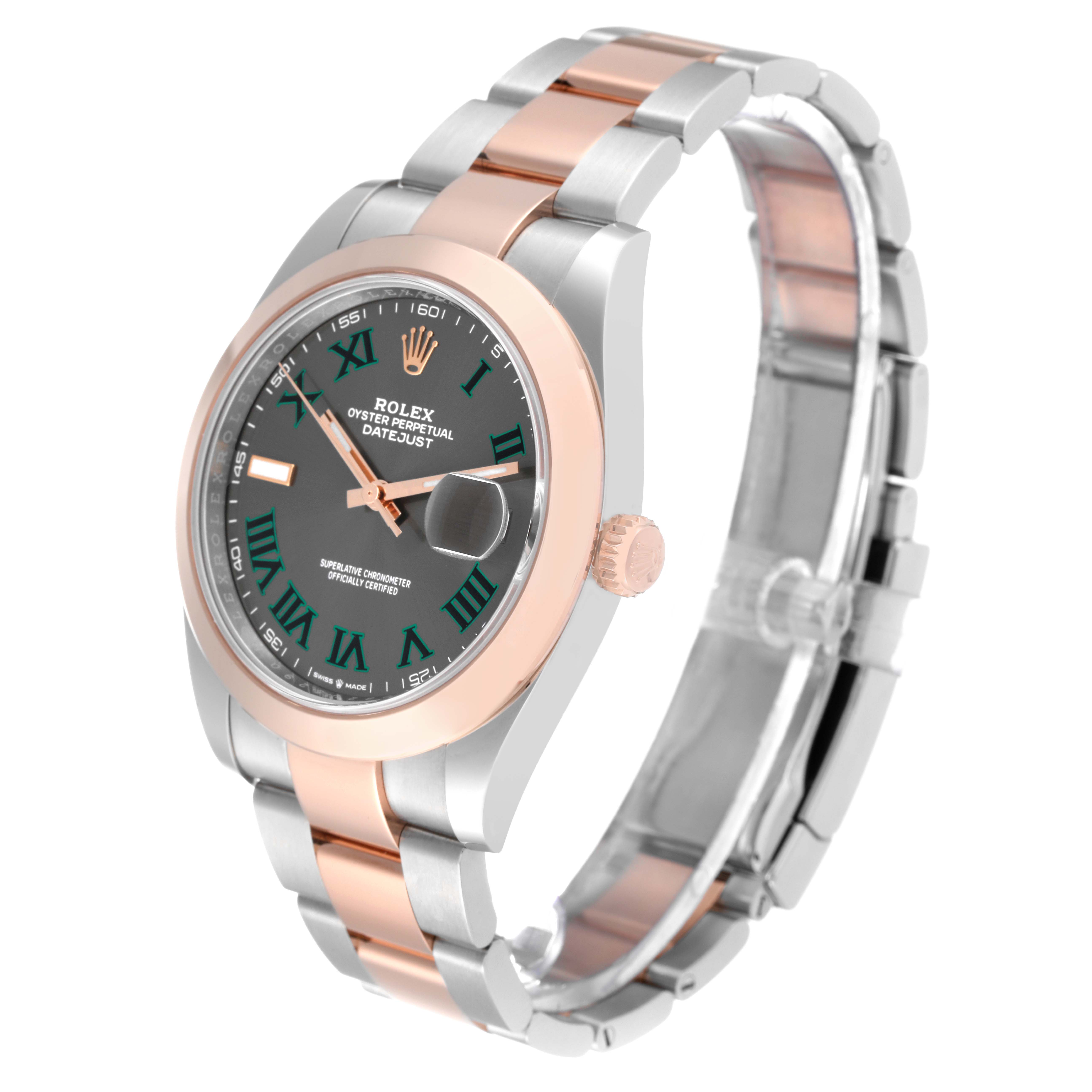 This image shows a side angle of a Rolex Datejust 41 126301 Men's Steel and Gold (two tone) Grey Dial 126301 Men's Steel and Gold (two tone) Grey Dial, highlighting its bezel, crown, dial, and bracelet.