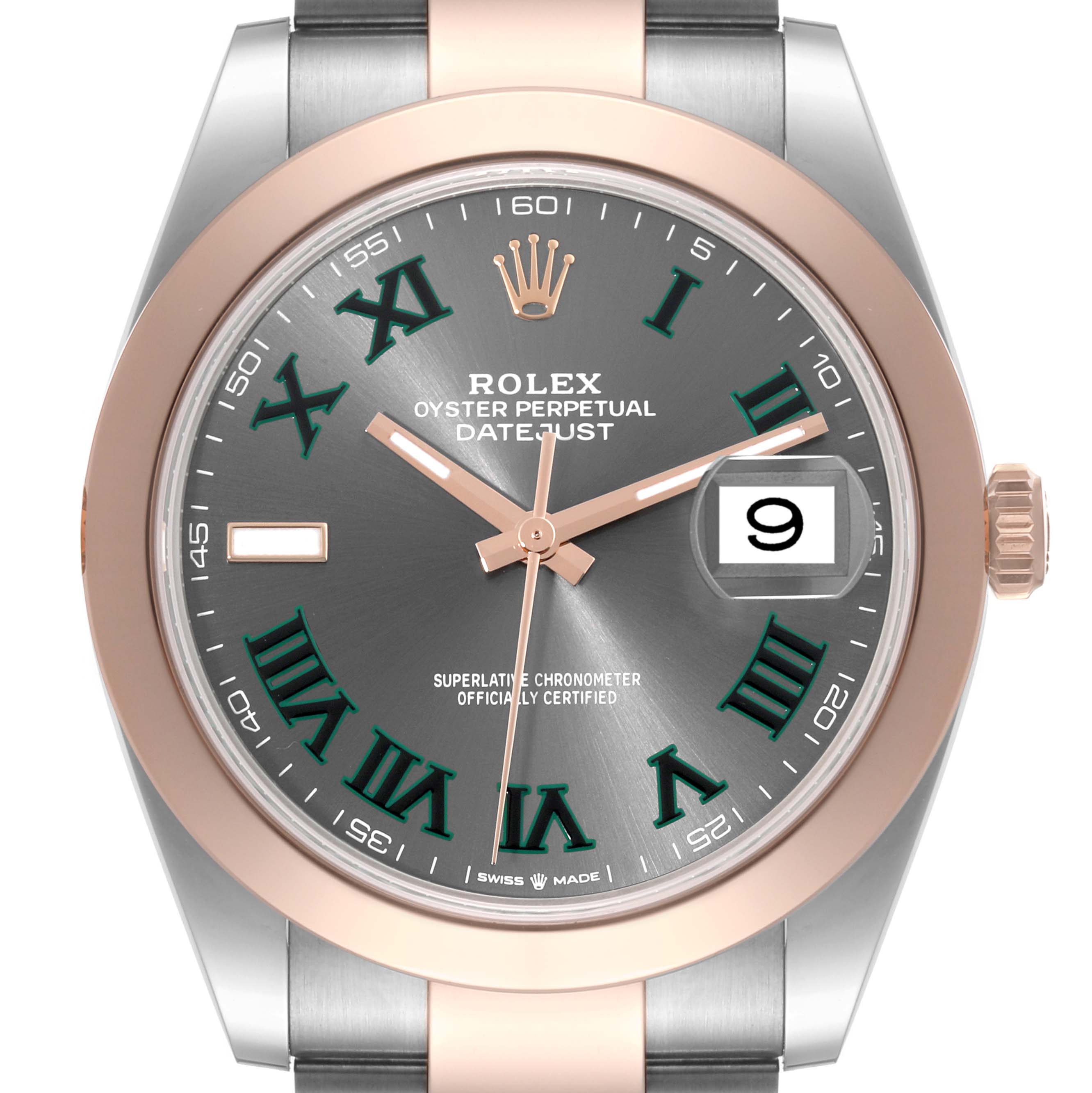 The image shows a front view of a Rolex Datejust 41 126301 Men's Steel and Gold (two tone) Grey Dial 126301 Men's Steel and Gold (two tone) Grey Dial watch, highlighting the dial, rose gold bezel, and date window.