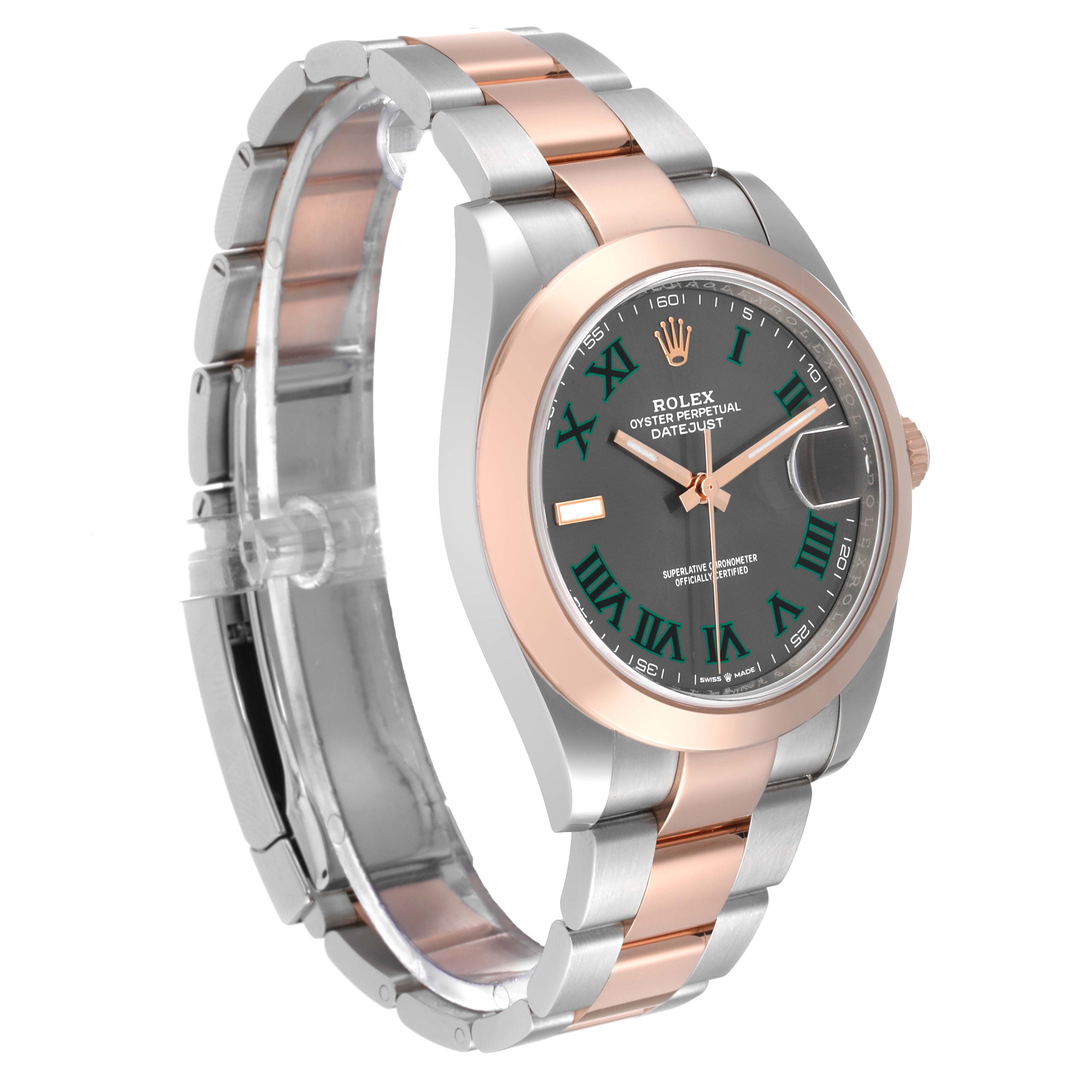 The Rolex Datejust 41 126301 Men's Steel and Gold (two tone) Grey Dial 126301 Men's Steel and Gold (two tone) Grey Dial is photographed at an angle showing its face, bezel, and bracelet with a combination of silver and rose gold.