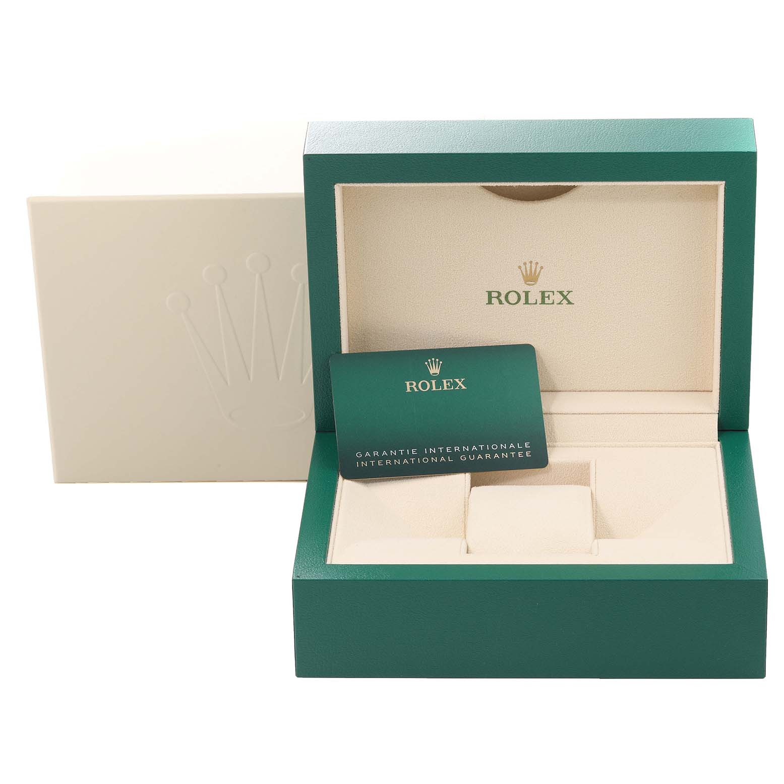 The image shows a Rolex Datejust 41 126301 Men's Steel and Gold (two tone) Grey Dial 126301 Men's Steel and Gold (two tone) Grey Dial watch box with the guarantee card placed inside.