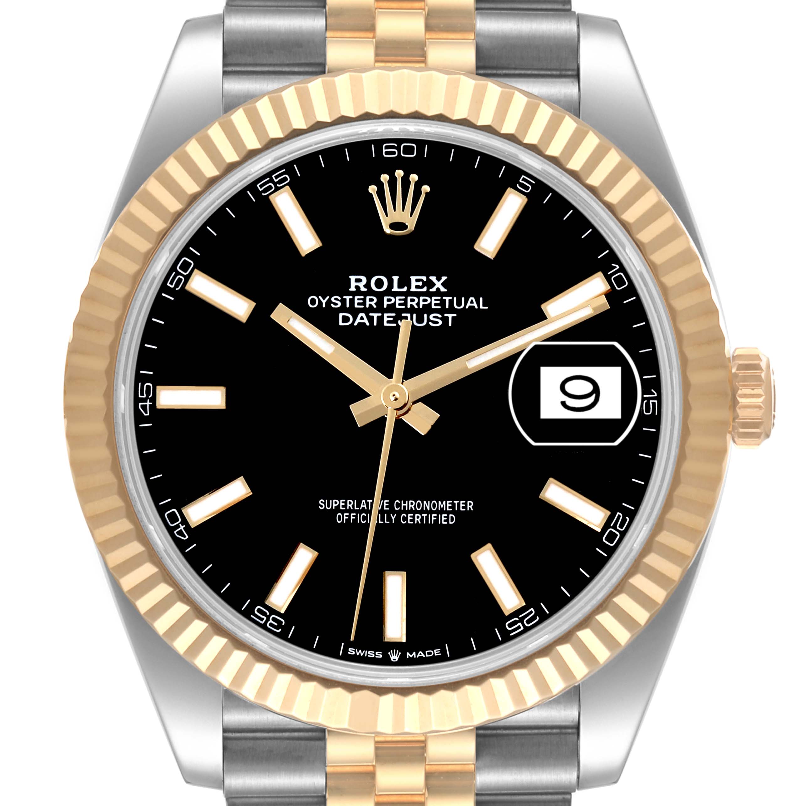 The image shows a close-up of the Rolex Datejust 41 126333 Men's Steel and Gold (two tone) Black Dial 126333 Men's Steel and Gold (two tone) Black Dial watch, highlighting its black dial, gold fluted bezel, and date window at 3 o'clock.