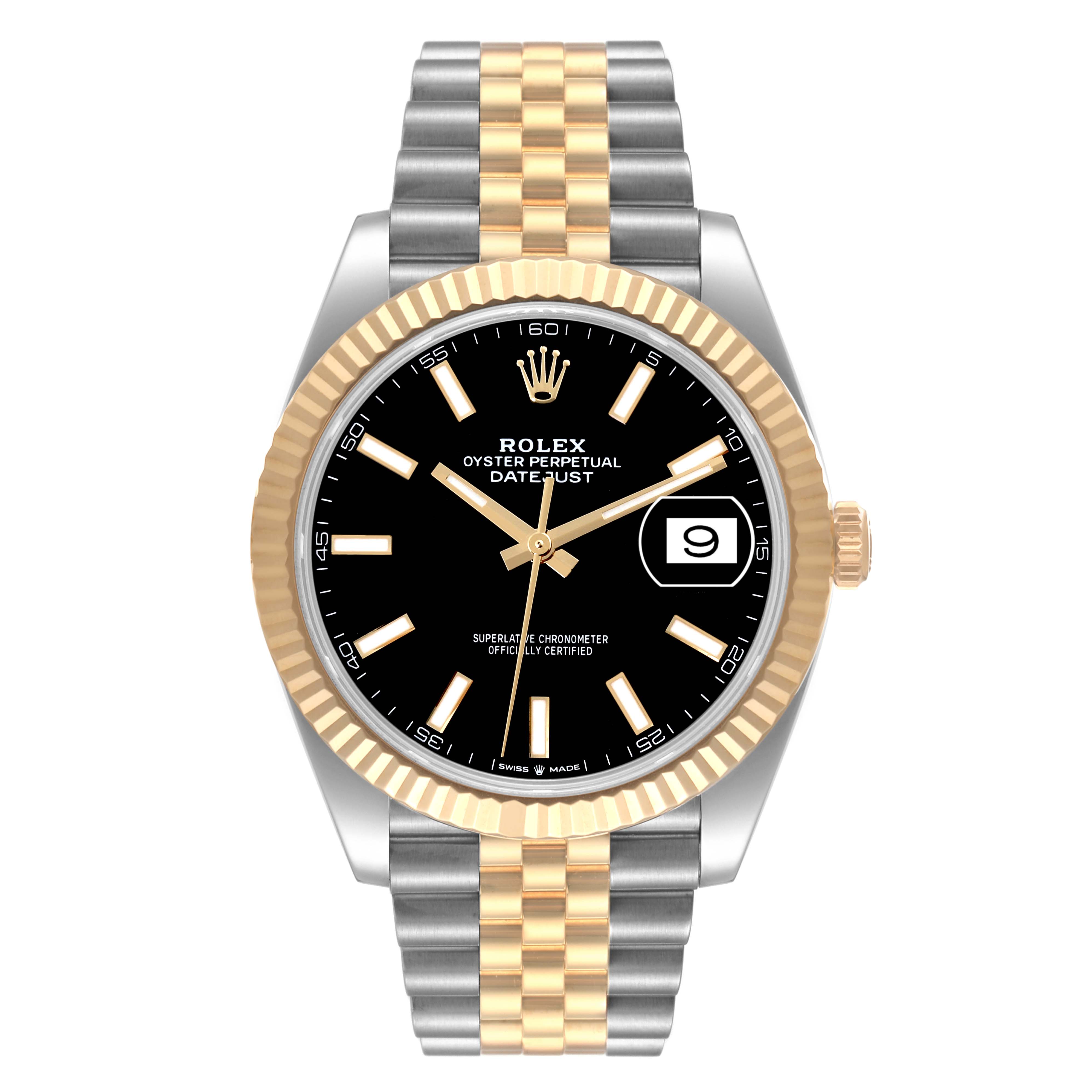 The image shows a front view of a Rolex Datejust 41 126333 Men's Steel and Gold (two tone) Black Dial 126333 Men's Steel and Gold (two tone) Black Dial watch, featuring a black dial and a two-tone metal bracelet.