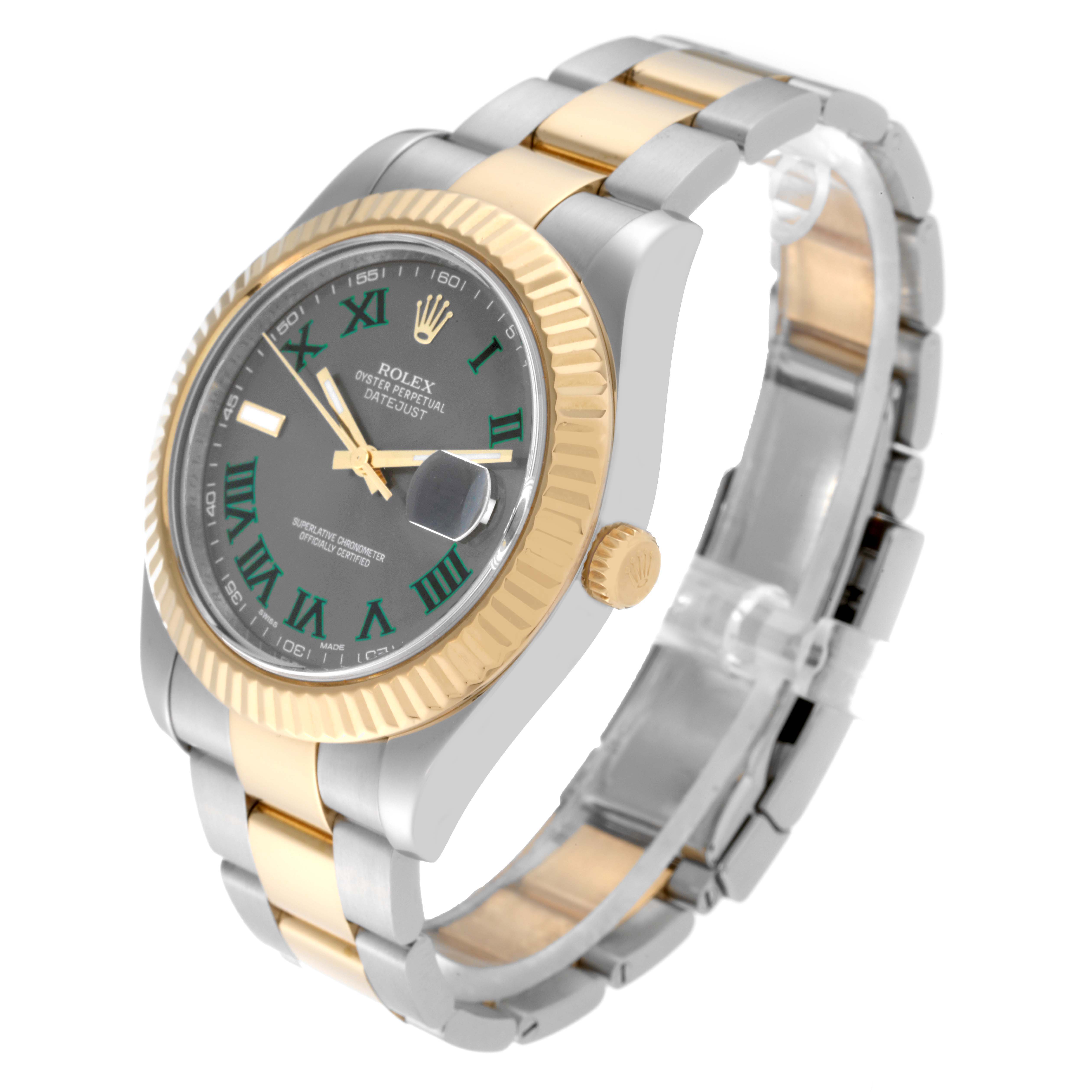The Rolex Datejust 41 116333 Men's Steel and Gold (two tone) Grey Dial 116333 Men's Steel and Gold (two tone) Grey Dial watch is shown from an angled side view, displaying the face, bezel, crown, and bracelet.