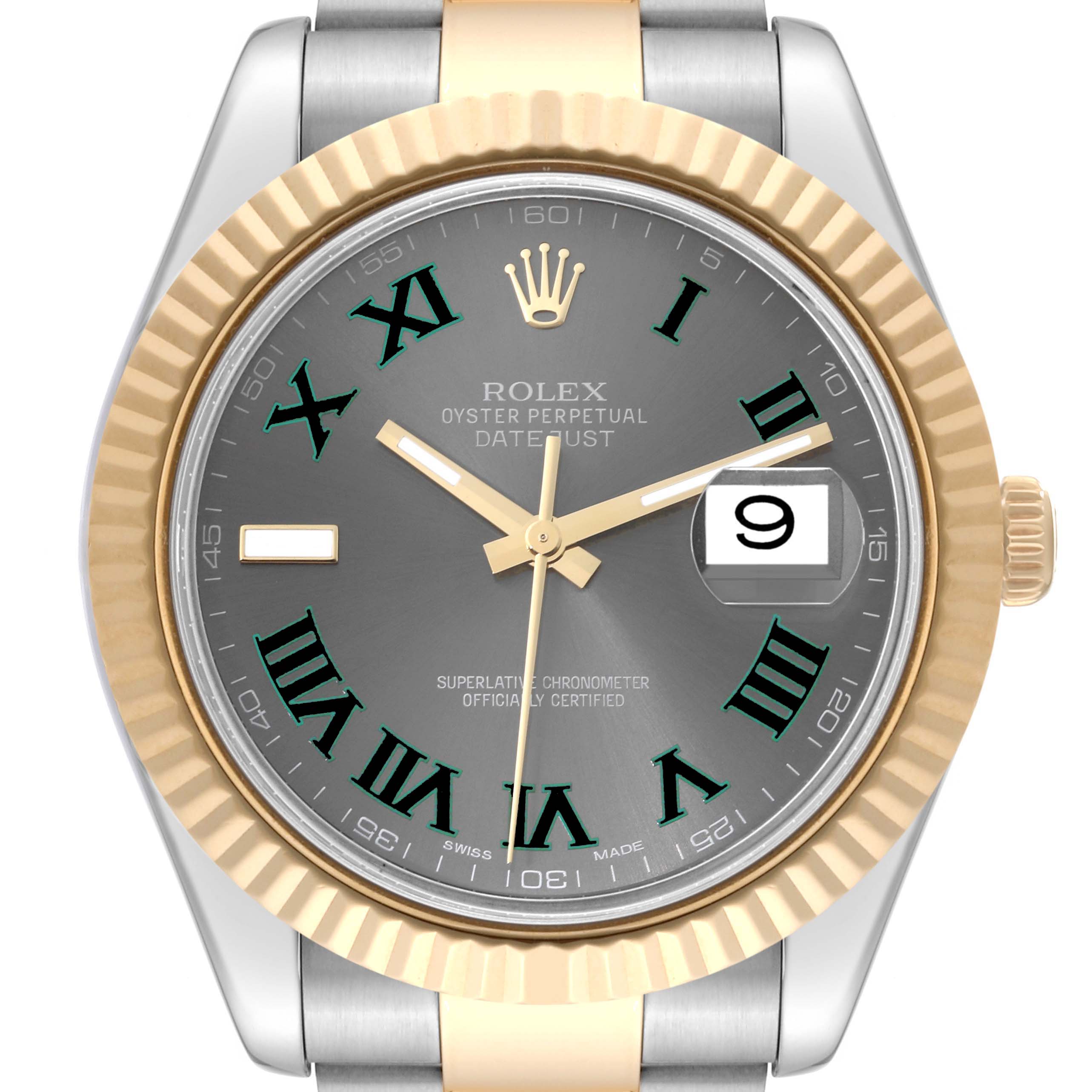 The image shows a front view of the Rolex Datejust 41 116333 Men's Steel and Gold (two tone) Grey Dial 116333 Men's Steel and Gold (two tone) Grey Dial watch, highlighting its dial, hands, date window, and bezel.