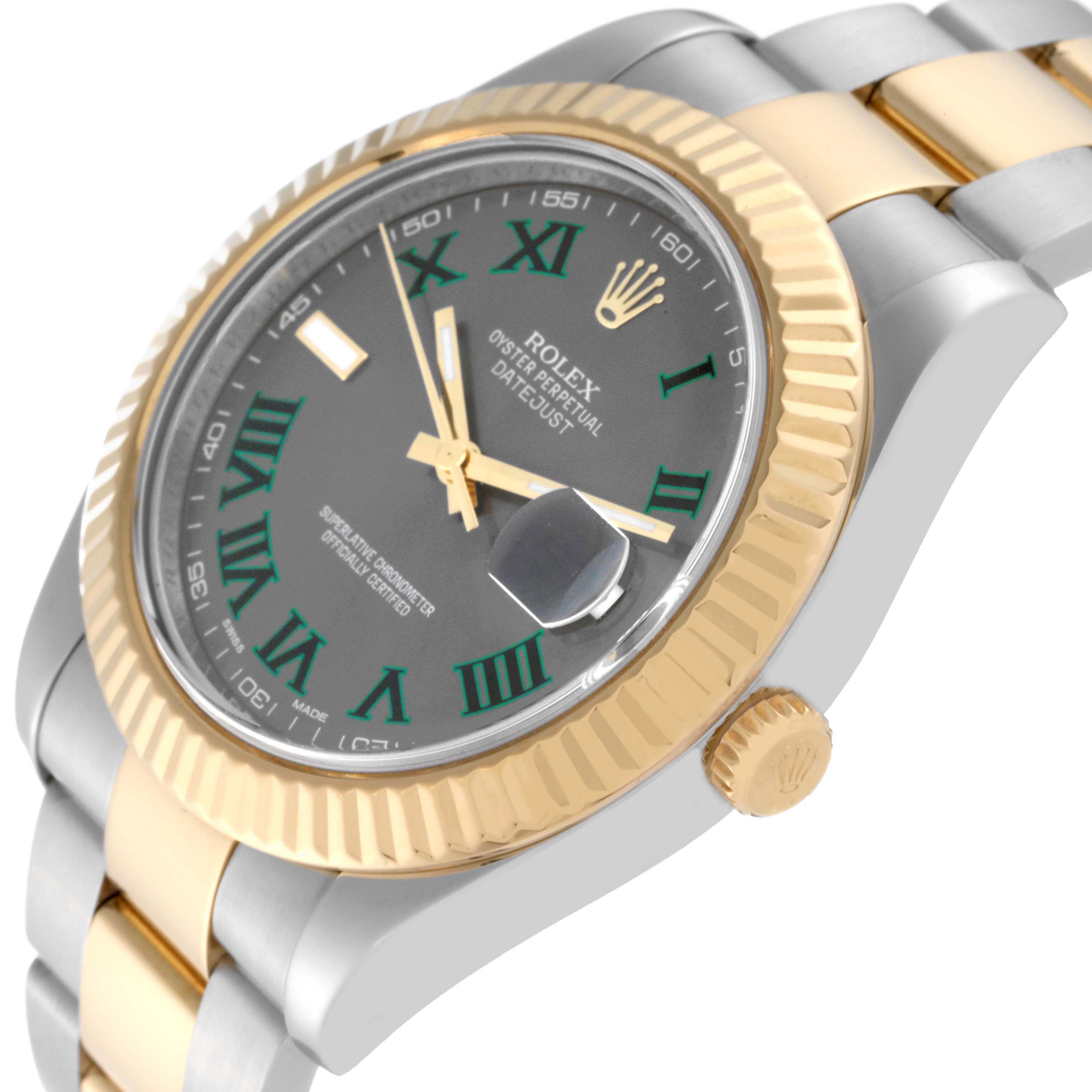 The image shows a side angle of the Rolex Datejust 41 116333 Men's Steel and Gold (two tone) Grey Dial 116333 Men's Steel and Gold (two tone) Grey Dial, highlighting its face, fluted bezel, and two-tone bracelet.