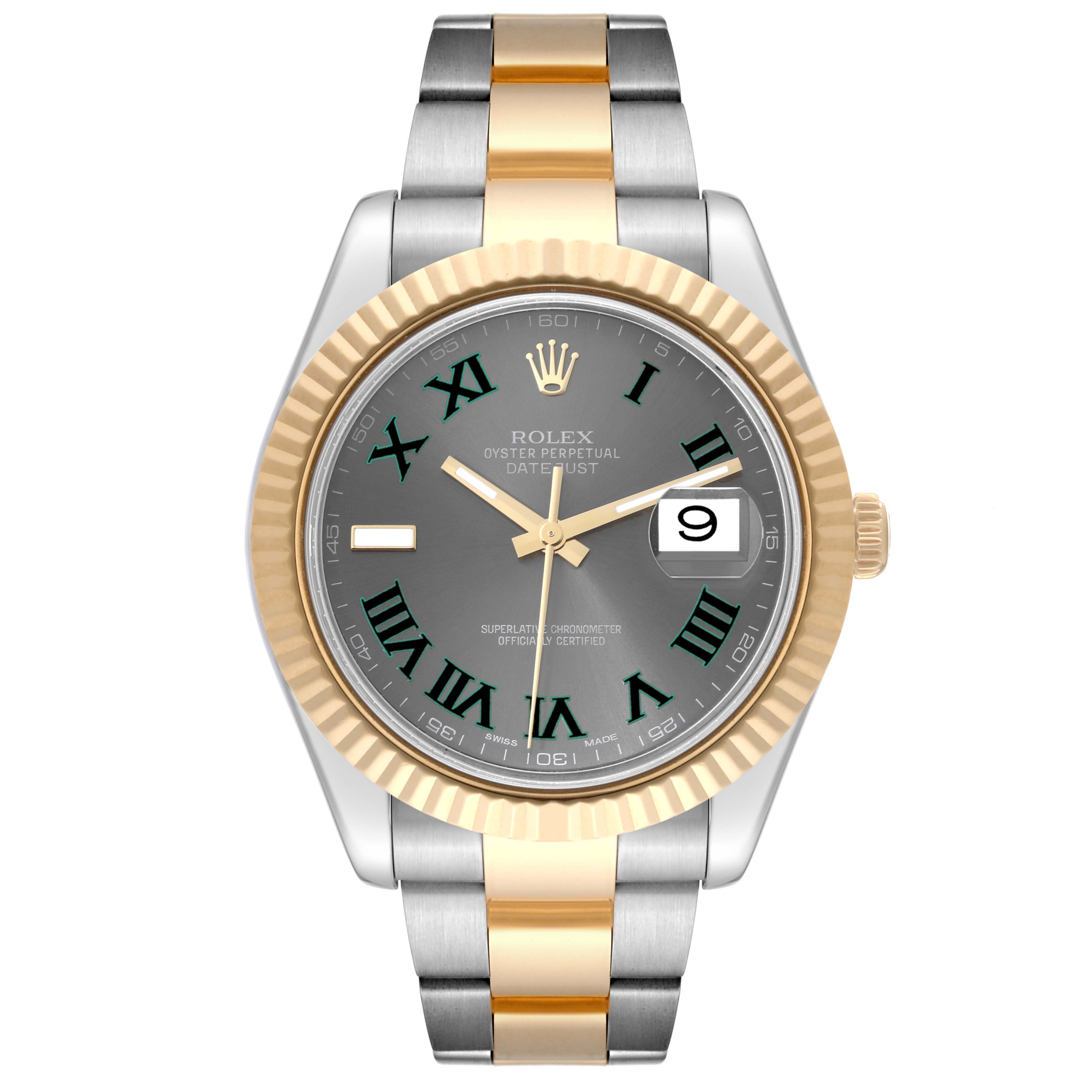 The Rolex Datejust 41 116333 Men's Steel and Gold (two tone) Grey Dial 116333 Men's Steel and Gold (two tone) Grey Dial watch is shown from a front angle, displaying its two-tone bracelet, fluted bezel, and date window.
