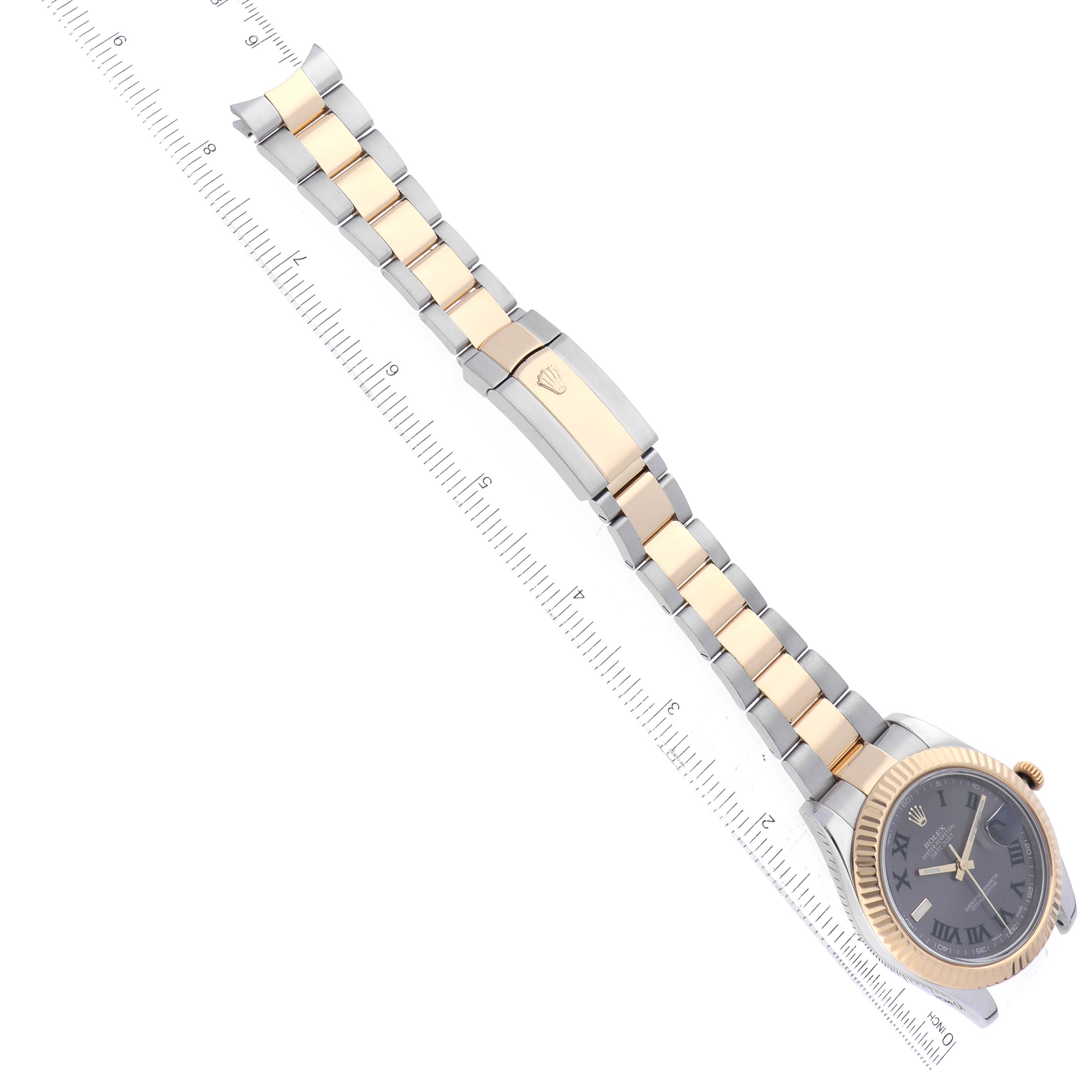 The Datejust 41 Rolex watch is shown from a top-down angle, displaying the dial, bezel, and bracelet alongside a ruler.