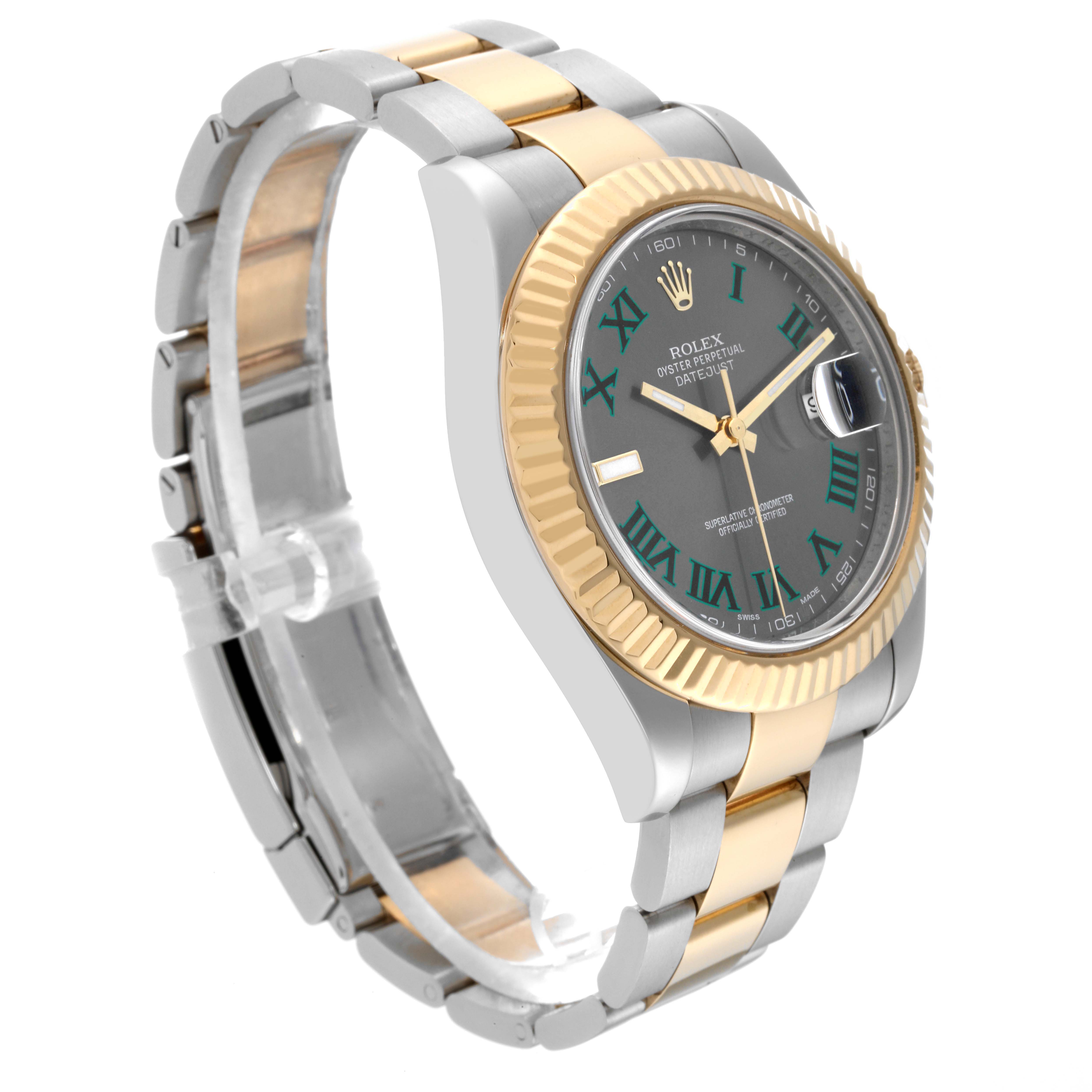 The image shows a Rolex Datejust 41 116333 Men's Steel and Gold (two tone) Grey Dial 116333 Men's Steel and Gold (two tone) Grey Dial watch at a side angle, highlighting its metal bracelet, two-tone bezel, and dial.
