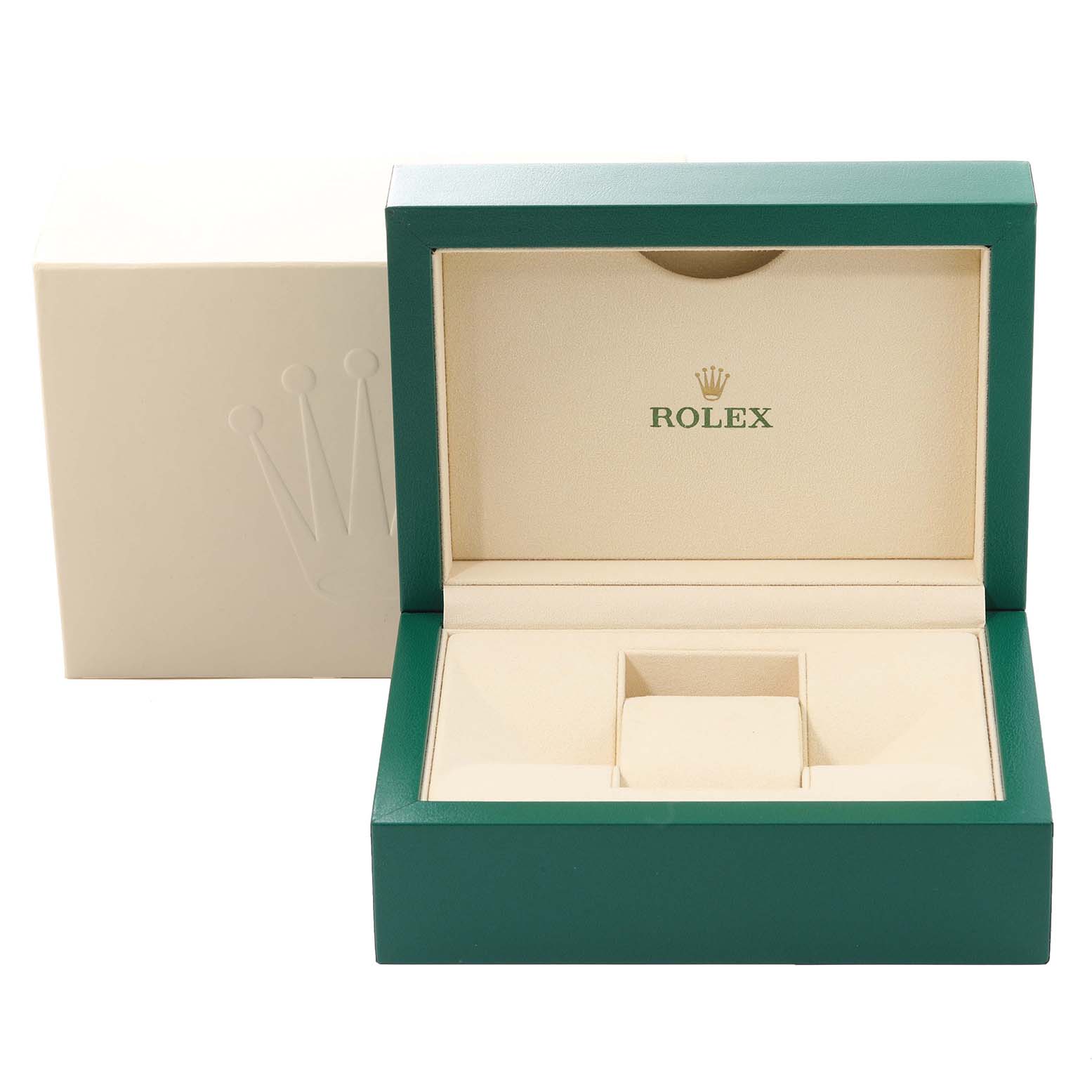 The image shows an open green and beige Rolex watch box, displaying the inner compartments for the Datejust 41 model.