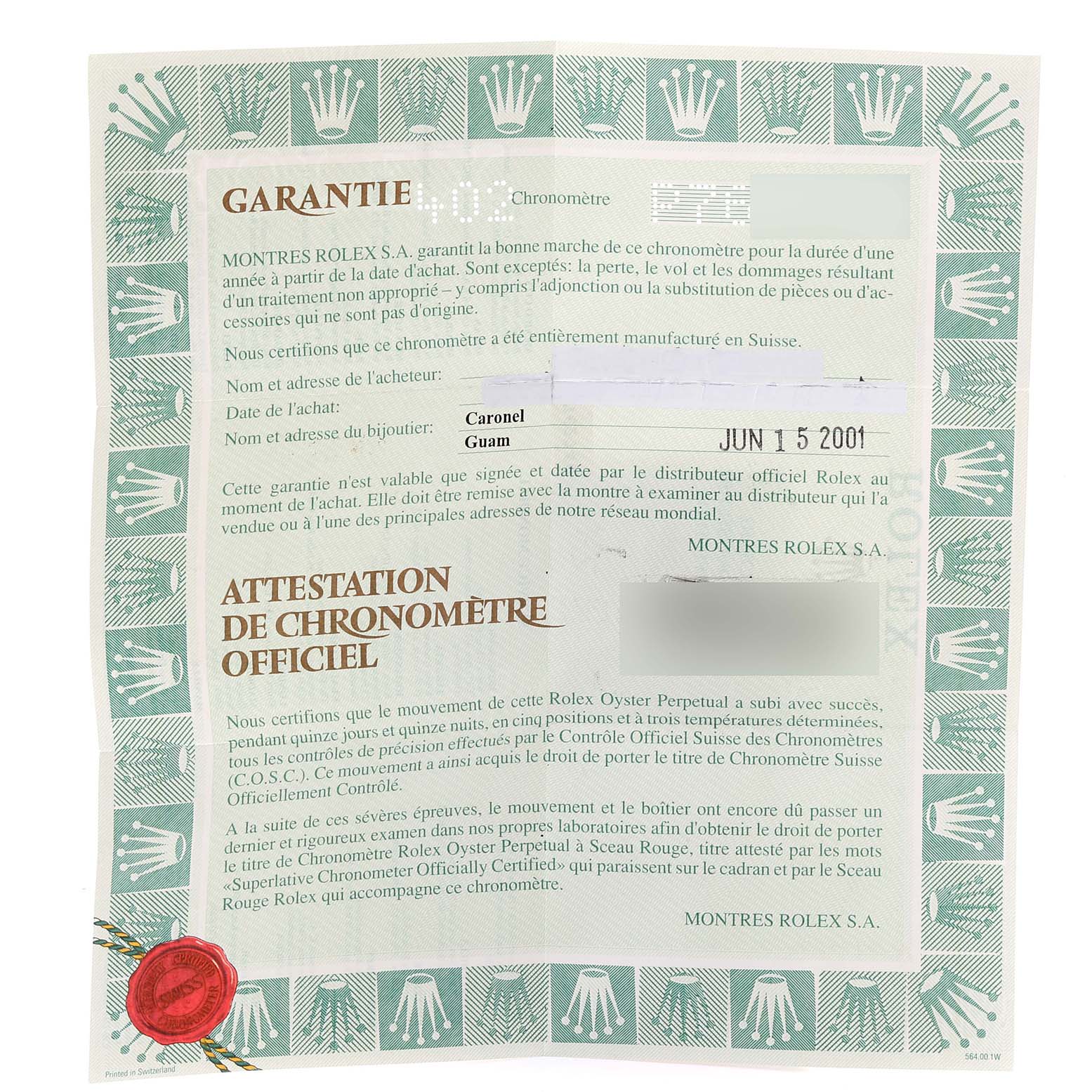 The image shows the warranty card and official chronometer certification for a Rolex Datejust 16200 Men's Stainless Steel Black Dial 16200 Men's Stainless Steel Black Dial model.