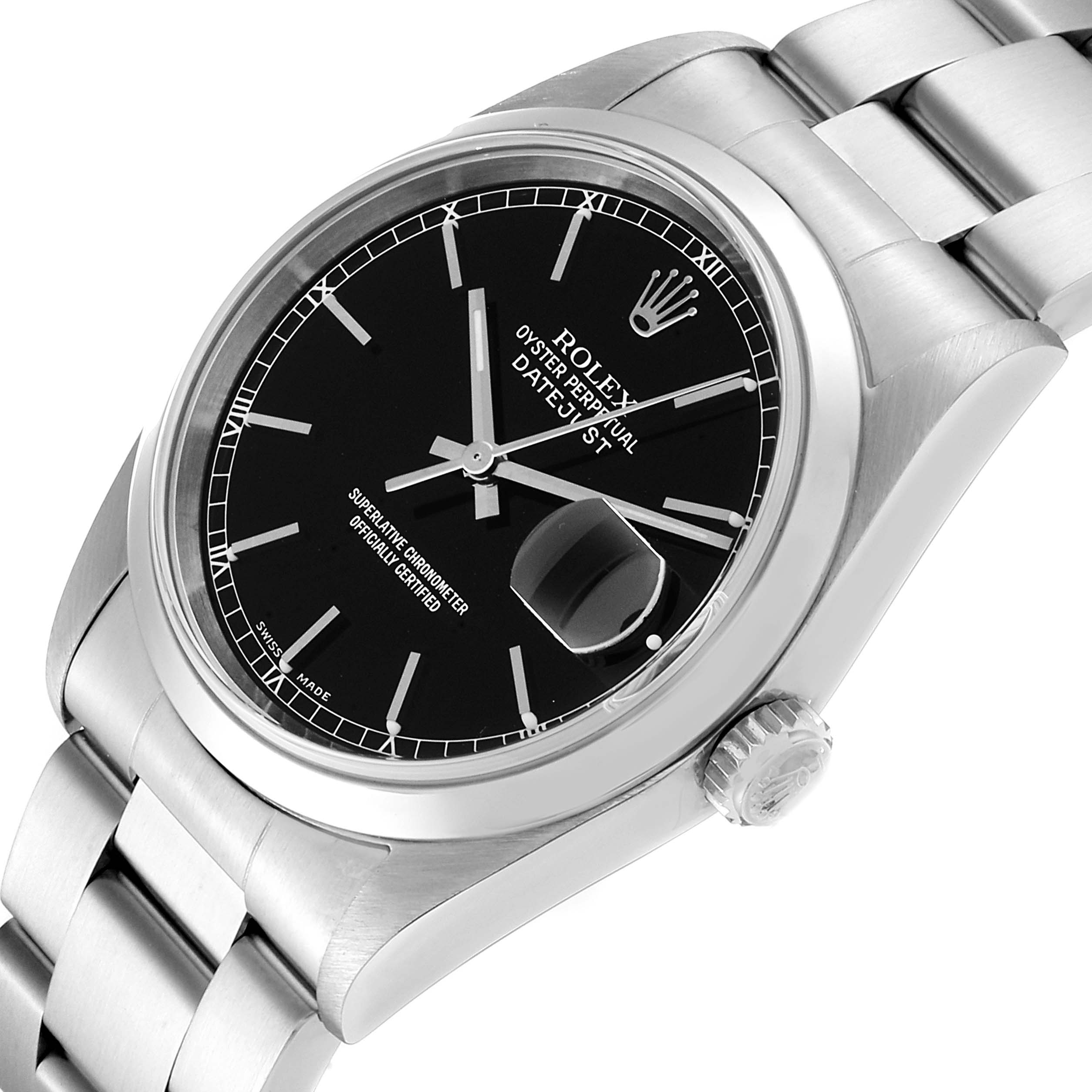 This image shows a close-up angled view of a Rolex Datejust 16200 Men's Stainless Steel Black Dial 16200 Men's Stainless Steel Black Dial watch, highlighting the black dial, date magnifier, crown, and part of the stainless steel bracelet.