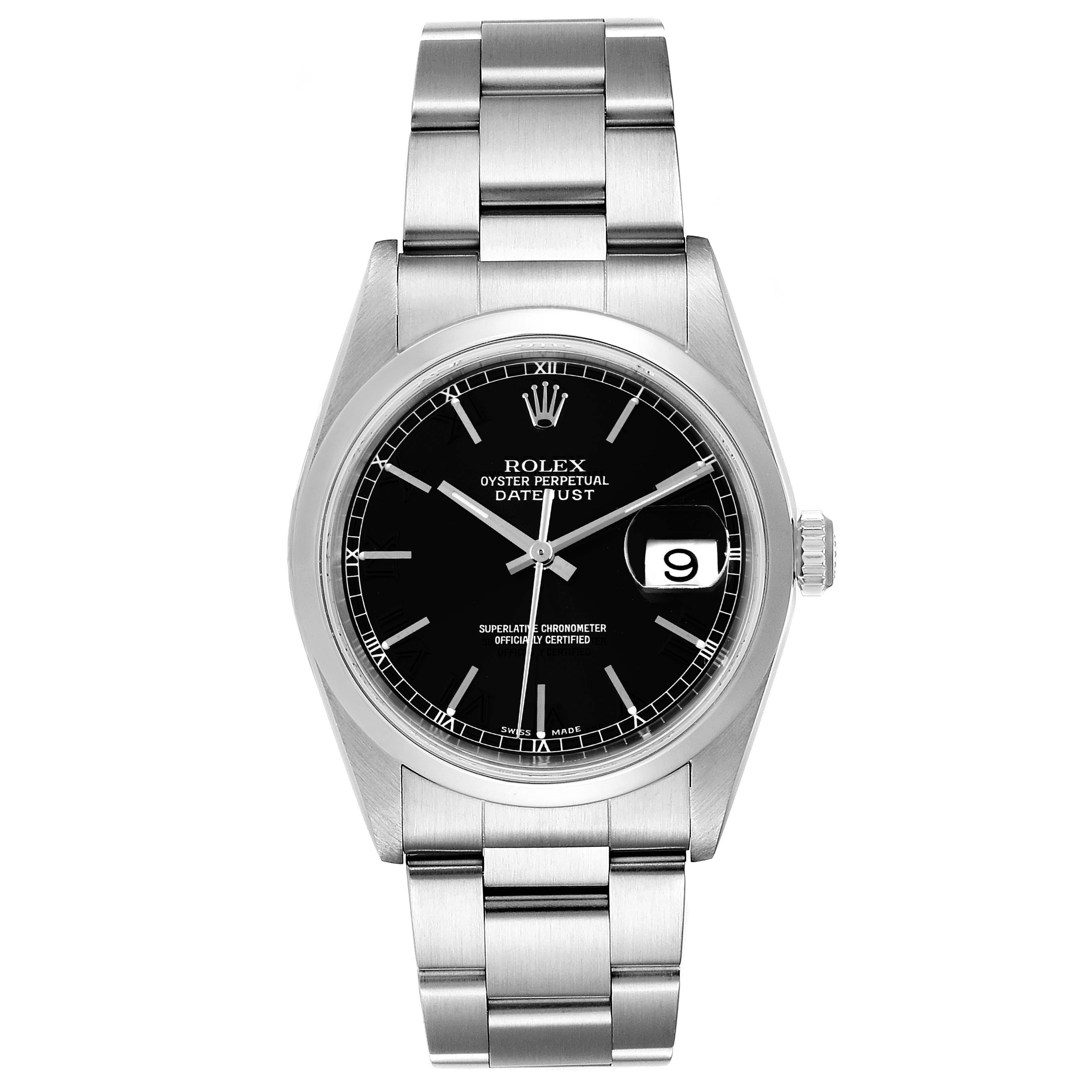 This is a front view of a Rolex Datejust 16200 Men's Stainless Steel Black Dial 16200 Men's Stainless Steel Black Dial watch, showing the dial, bezel, crown, and bracelet.