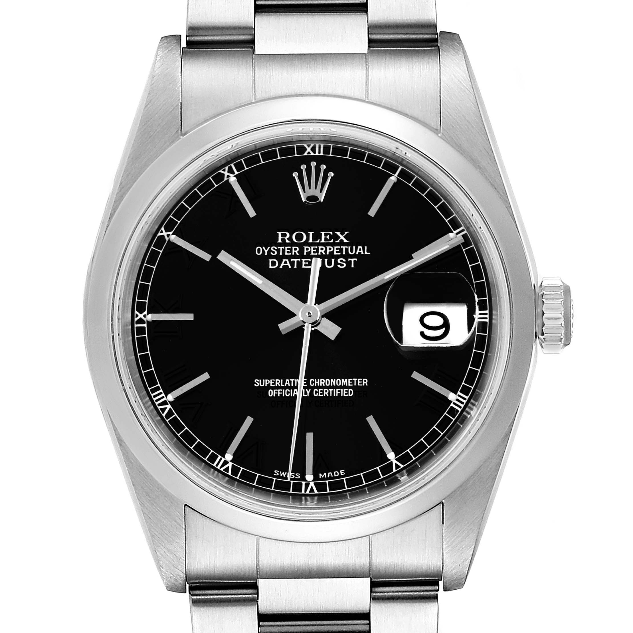 This image shows a front view of the Rolex Datejust 16200 Men's Stainless Steel Black Dial 16200 Men's Stainless Steel Black Dial watch, displaying the dial, bezel, and part of the bracelet.