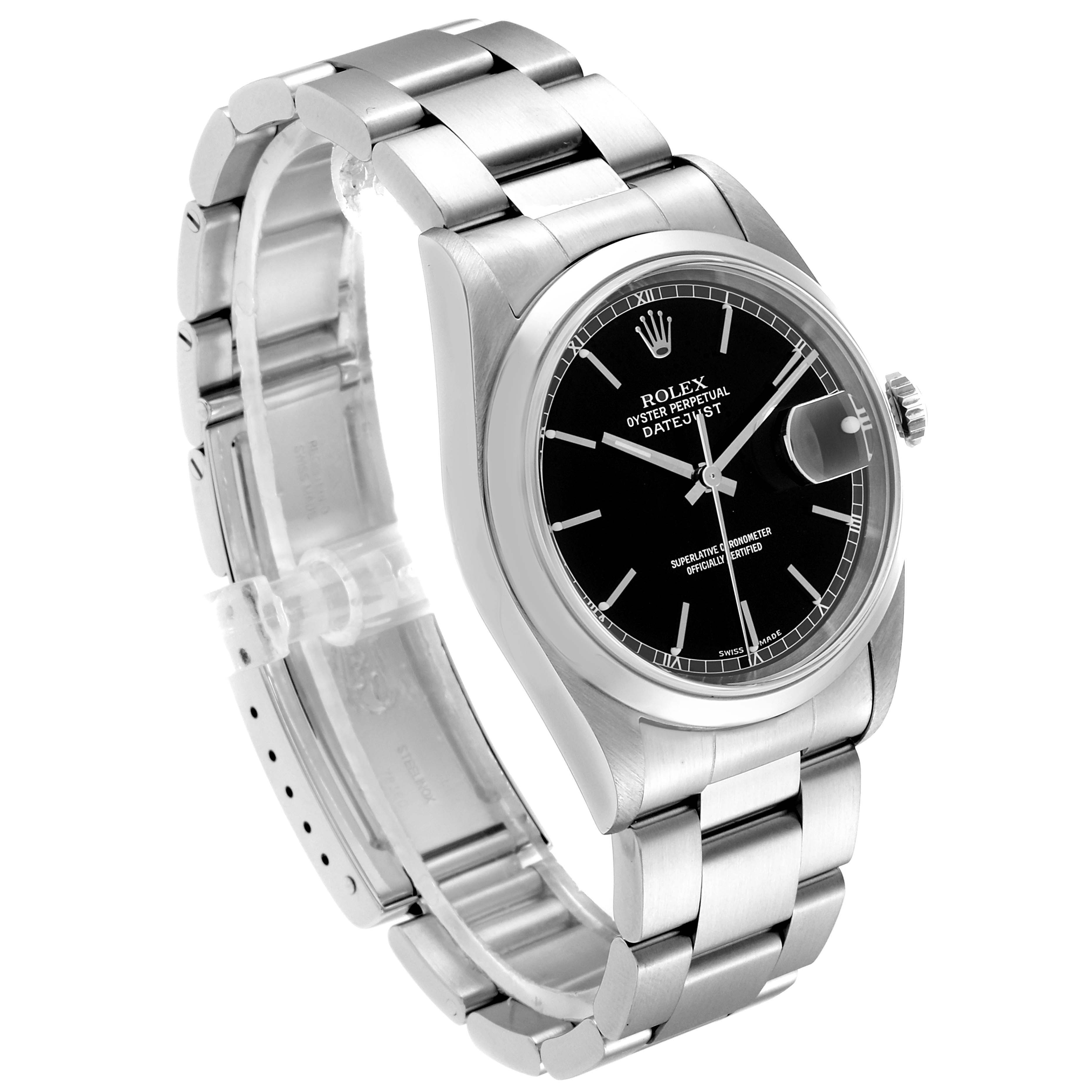 The Rolex Datejust 16200 Men's Stainless Steel Black Dial 16200 Men's Stainless Steel Black Dial watch is shown at a three-quarter angle, highlighting its black dial, stainless steel case, and bracelet.