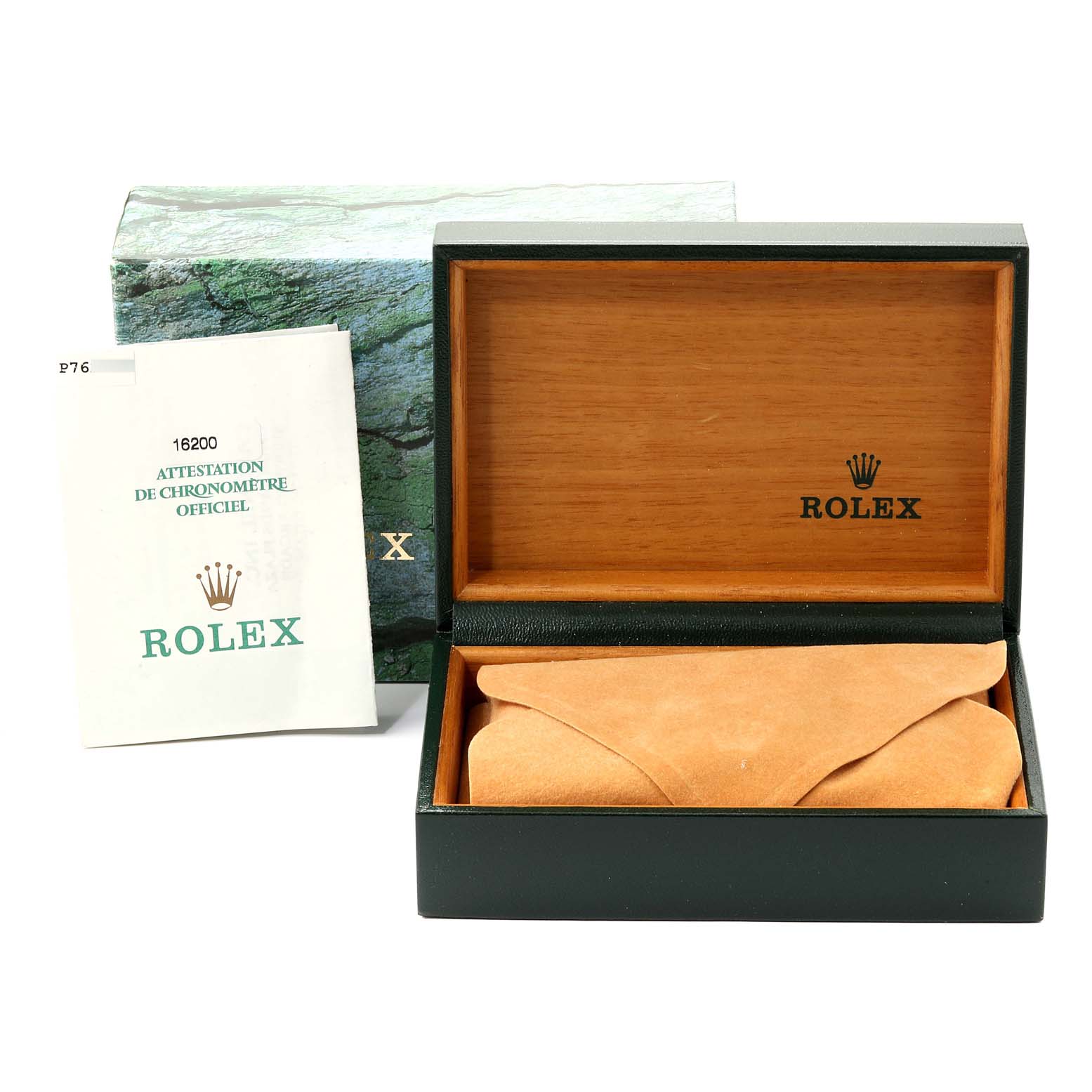 The image shows the packaging, official documents, and inside of the box for a Rolex Datejust 16200 Men's Stainless Steel Black Dial 16200 Men's Stainless Steel Black Dial watch, including the suede watch holder.