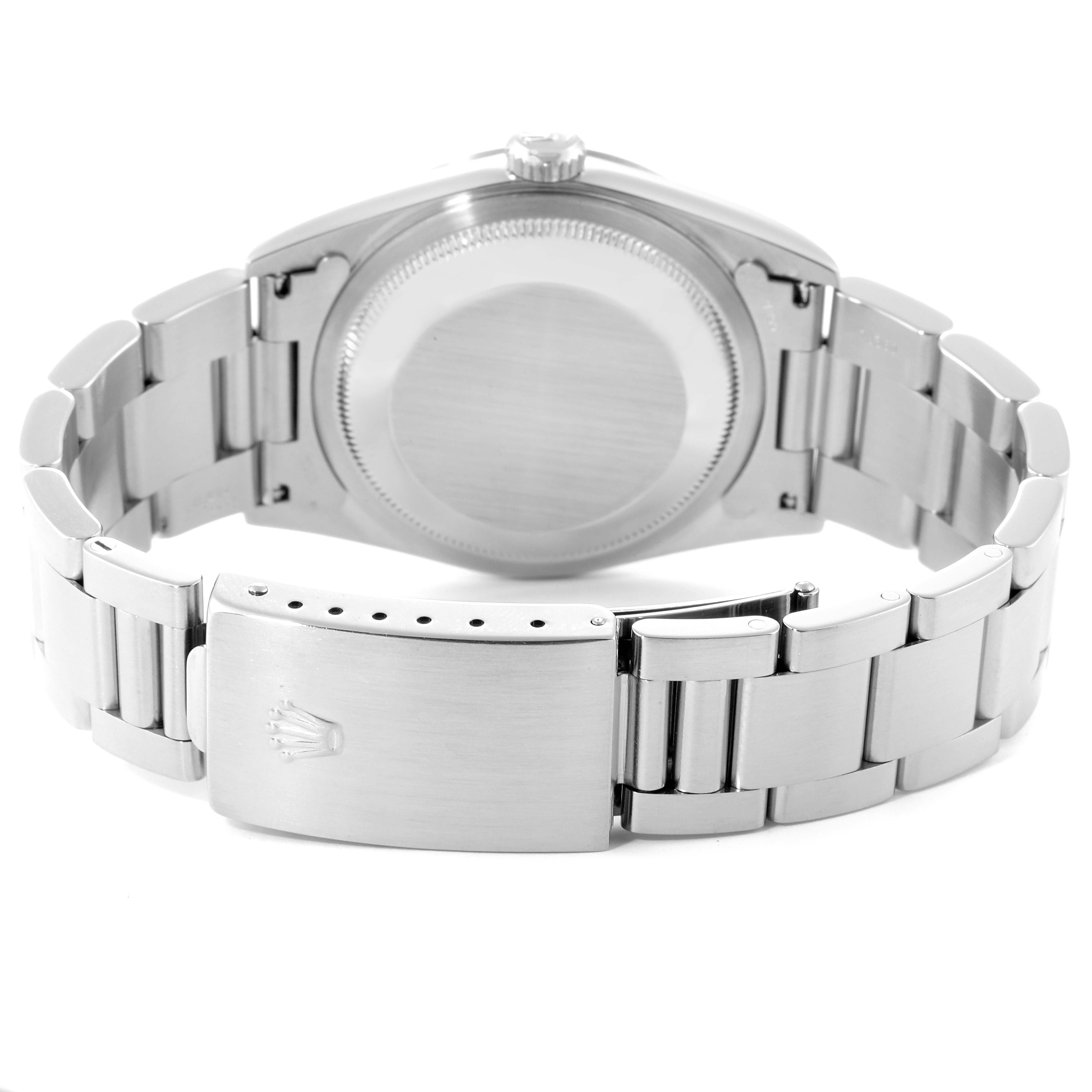 The image shows the back case and closed clasp of a Rolex Datejust 16200 Men's Stainless Steel Black Dial 16200 Men's Stainless Steel Black Dial watch from a rear angle.